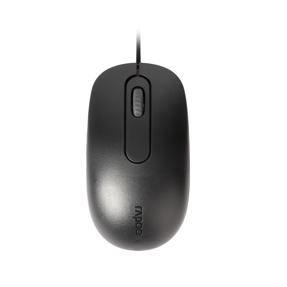 Un ratón de ordenador negro con cable. Tiene una rueda de desplazamiento y la marca 'rapoo' es visible en la parte inferior.