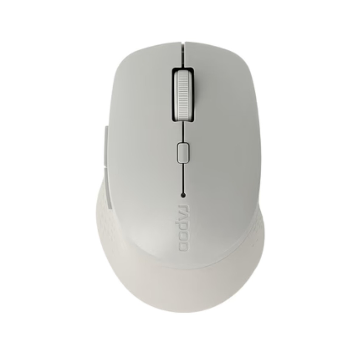 Jasnoszara mysz komputerowa. Ma kółko przewijania, przyciski i nazwę marki 'Rapoo'. Mysz znajduje się na białym tle.