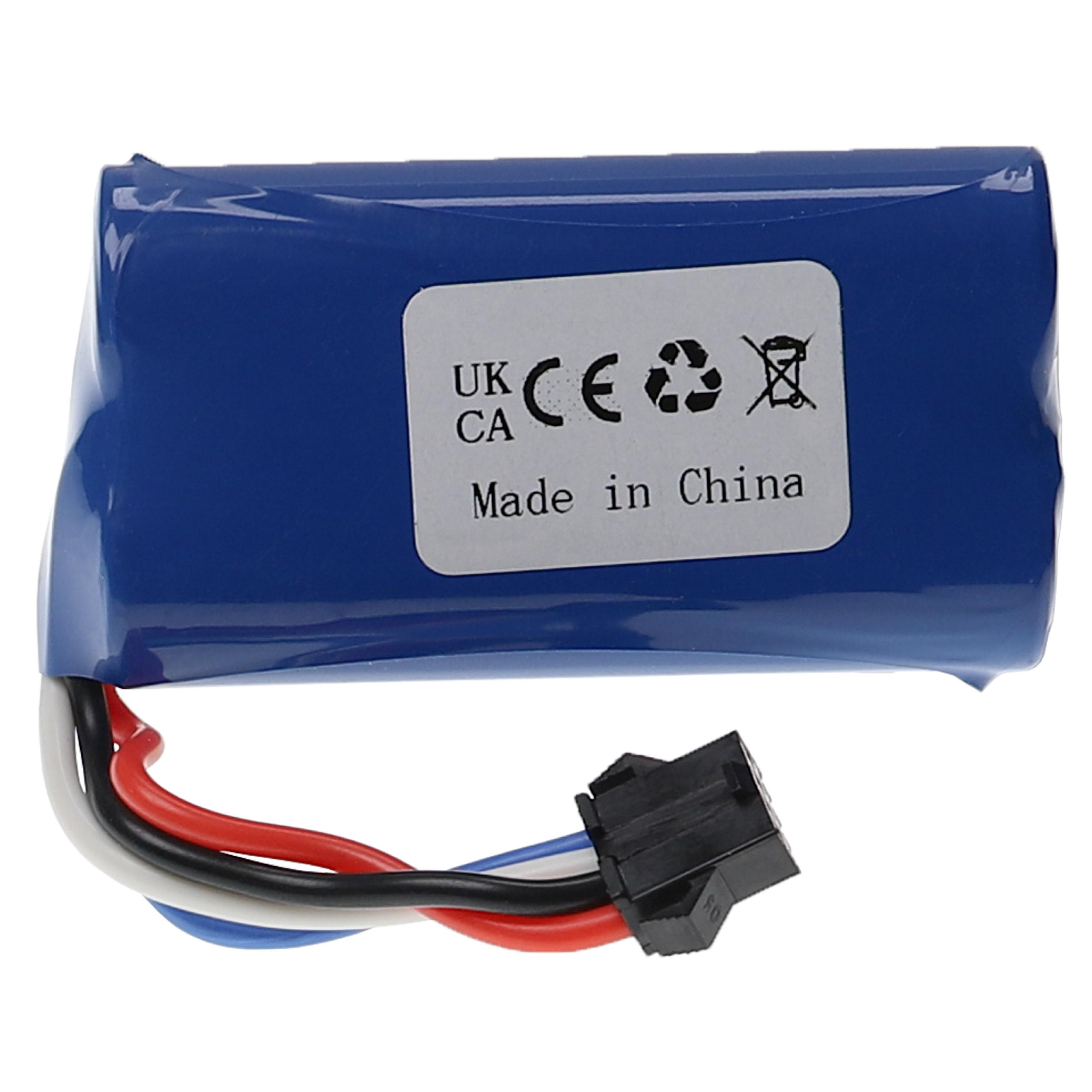 Ein blauer Akku mit Etikett, schwarzem Stecker und farbigen Drähten. Das Etikett sagt UK CA CE, Made in China.