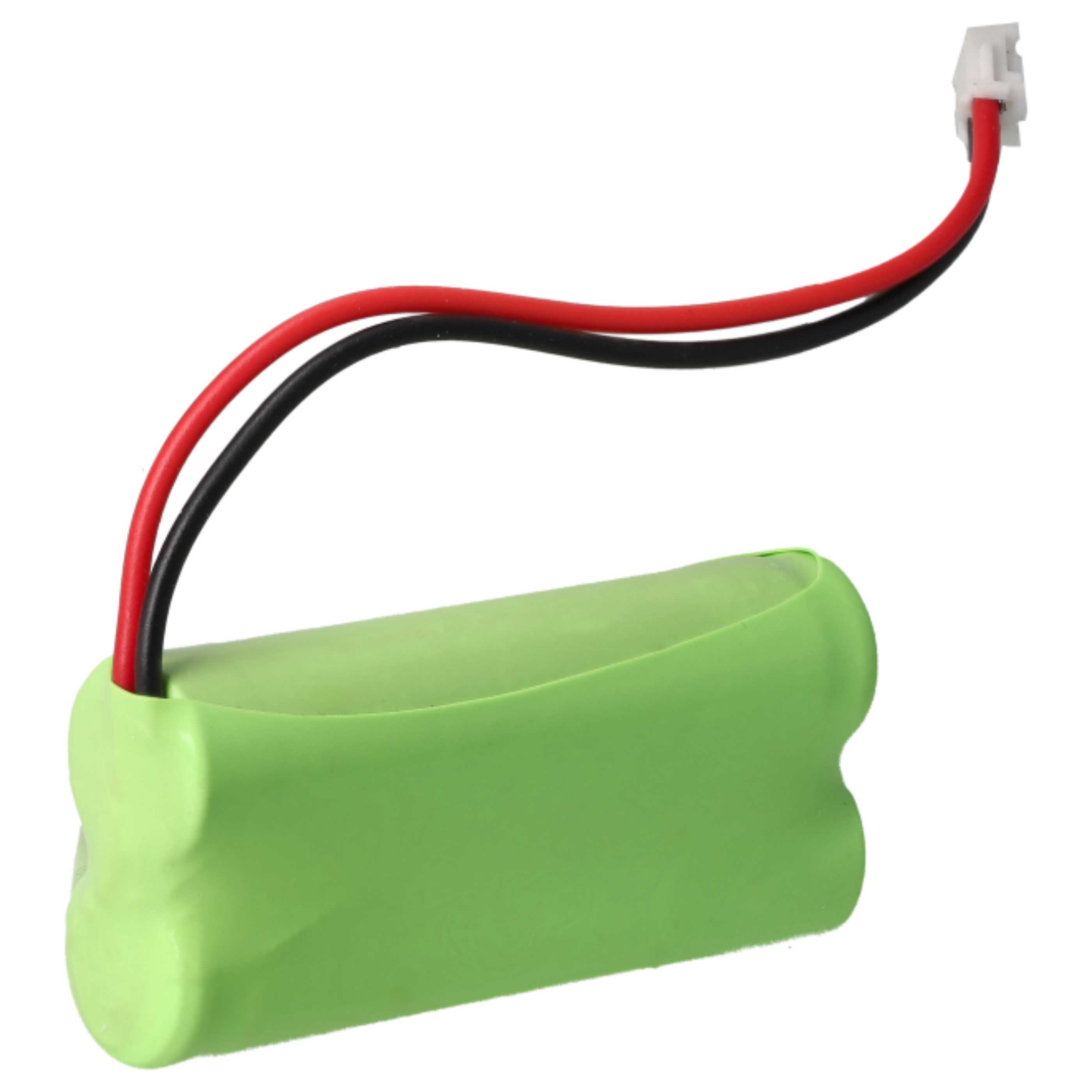 Eine grüne Batterie mit schwarzen und roten Drähten und einem weißen Stecker auf weißem Hintergrund.