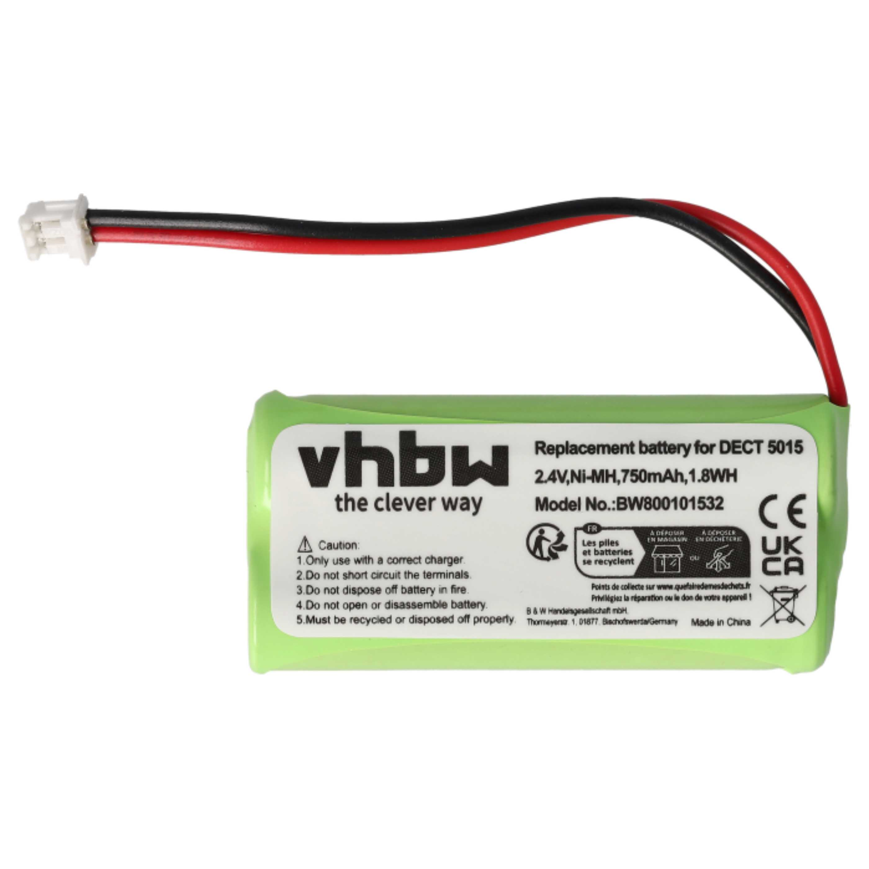 Eine grüne Batterie mit schwarzen und roten Drähten und einem weißen Stecker. Der Text enthält Warnungen und Recyclinghinweise.