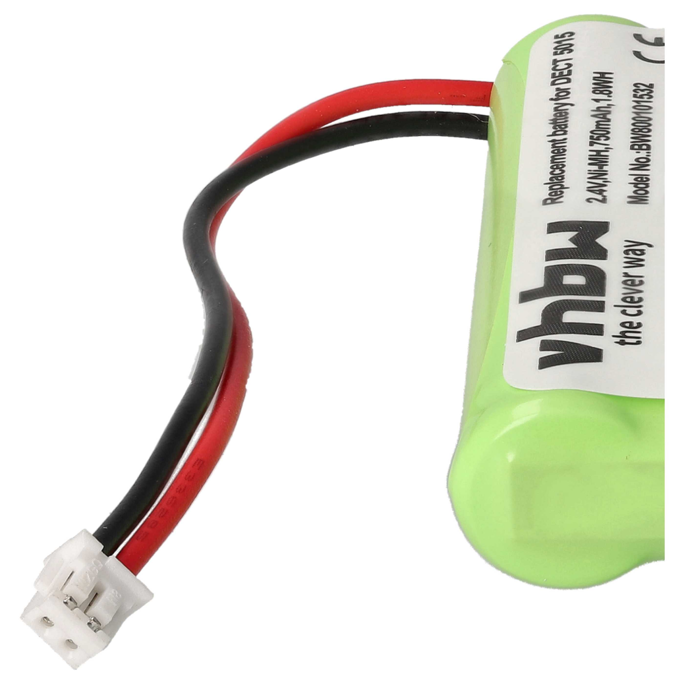 Eine grüne Batterie mit schwarzen und roten Drähten, die mit einem weißen Stecker verbunden sind. Auf der Batterie steht 'Replacement Battery'.