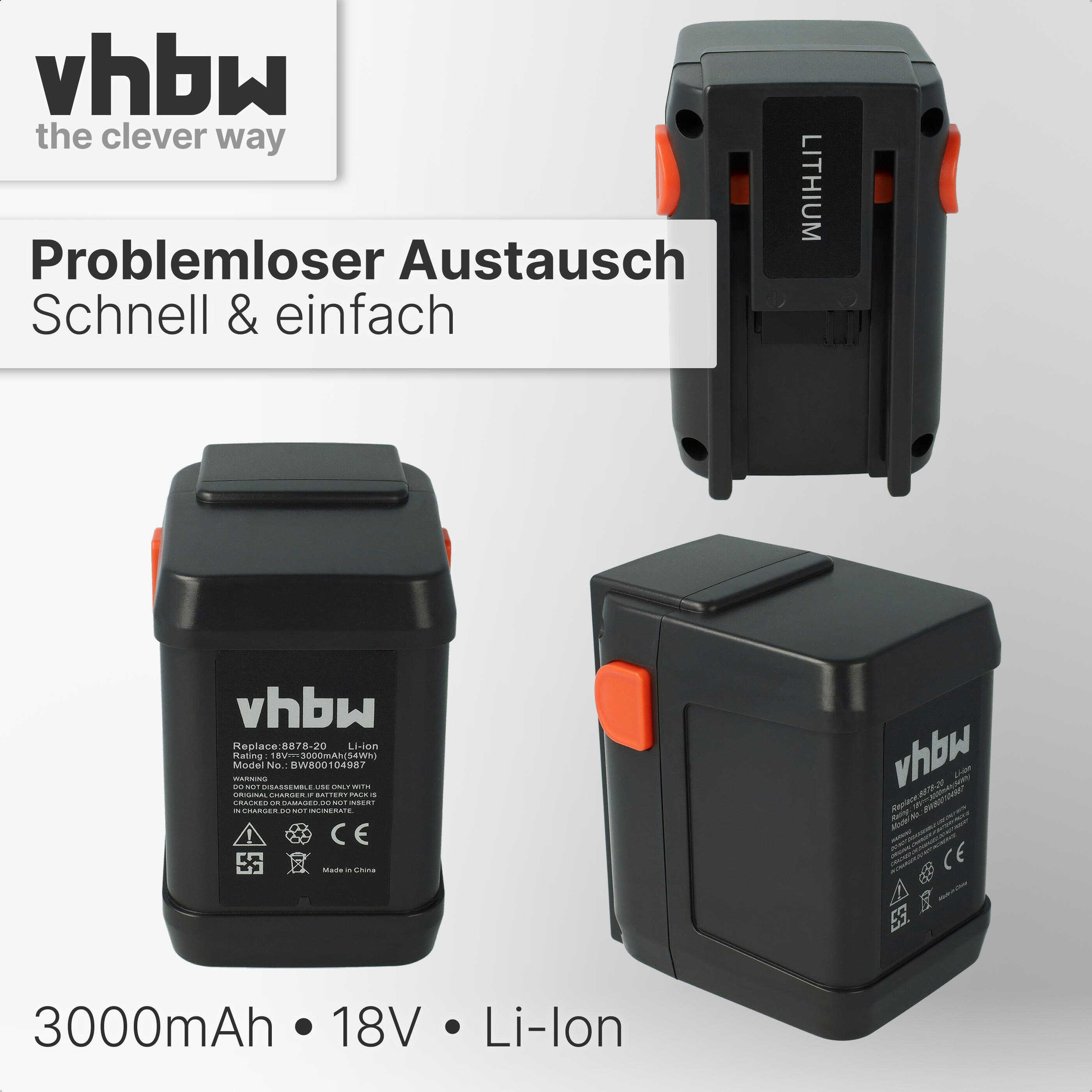 Das Bild zeigt drei schwarze Akkus mit orangefarbenen Akzenten. Text enthält 'vhbw', 'Li-Ion' und Spezifikationen wie 18V und 3000mAh.