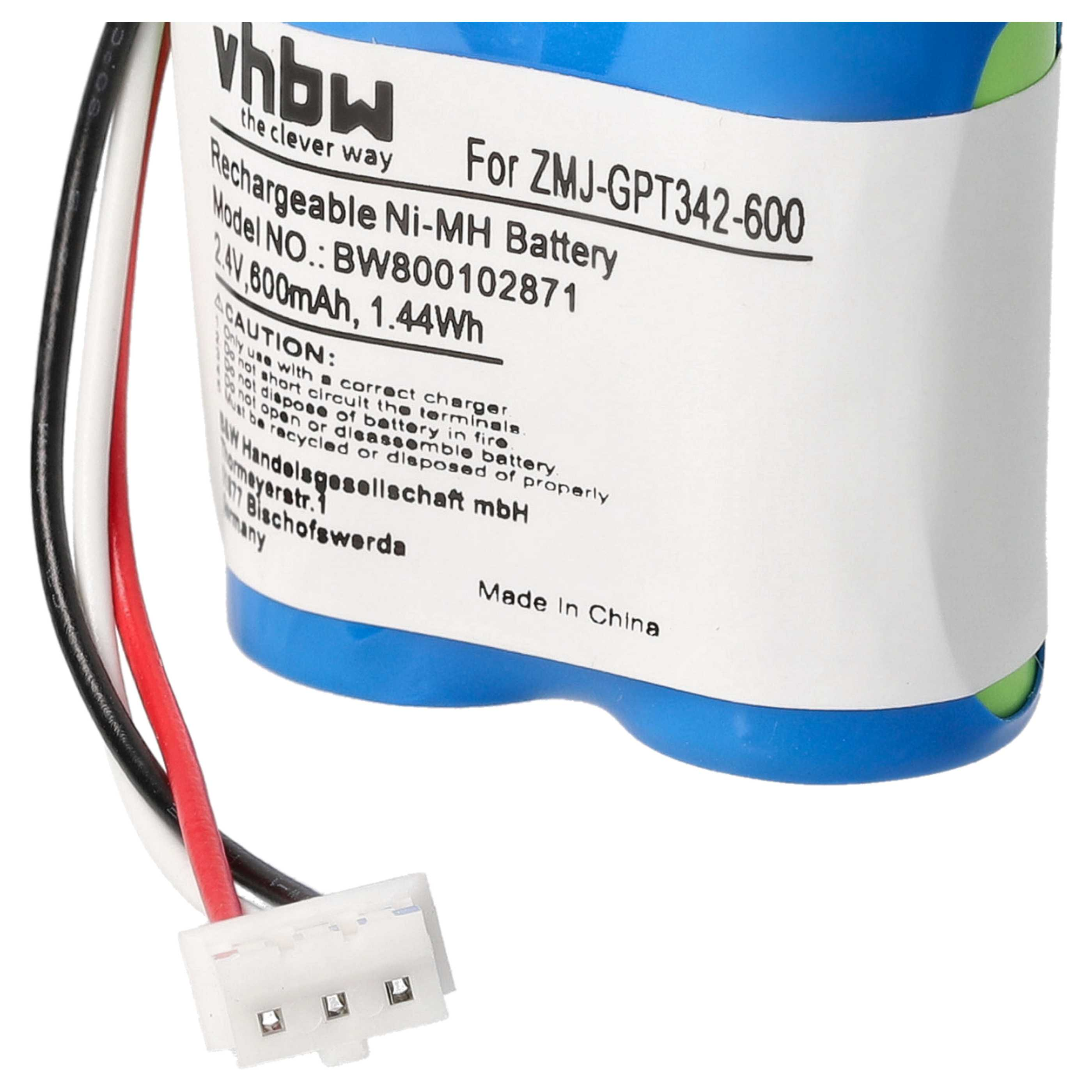 Ein Akku mit Text: Wiederaufladbar Ni-MH, Modell-Nr.: BW800102871, 2,4V 600mAh. Außerdem schwarze, weiße und rote Drähte.