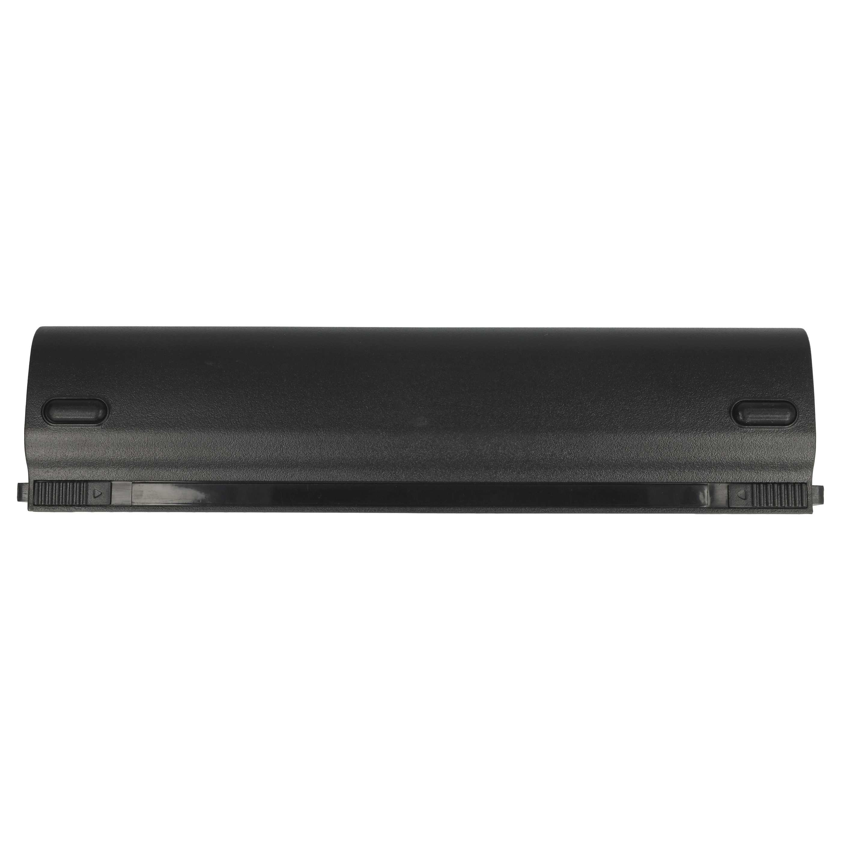 Ein schwarzer Laptop-Akku auf weißem Hintergrund. Er hat eine rechteckige Form mit abgerundeten Kanten und zwei kleinen Öffnungen.