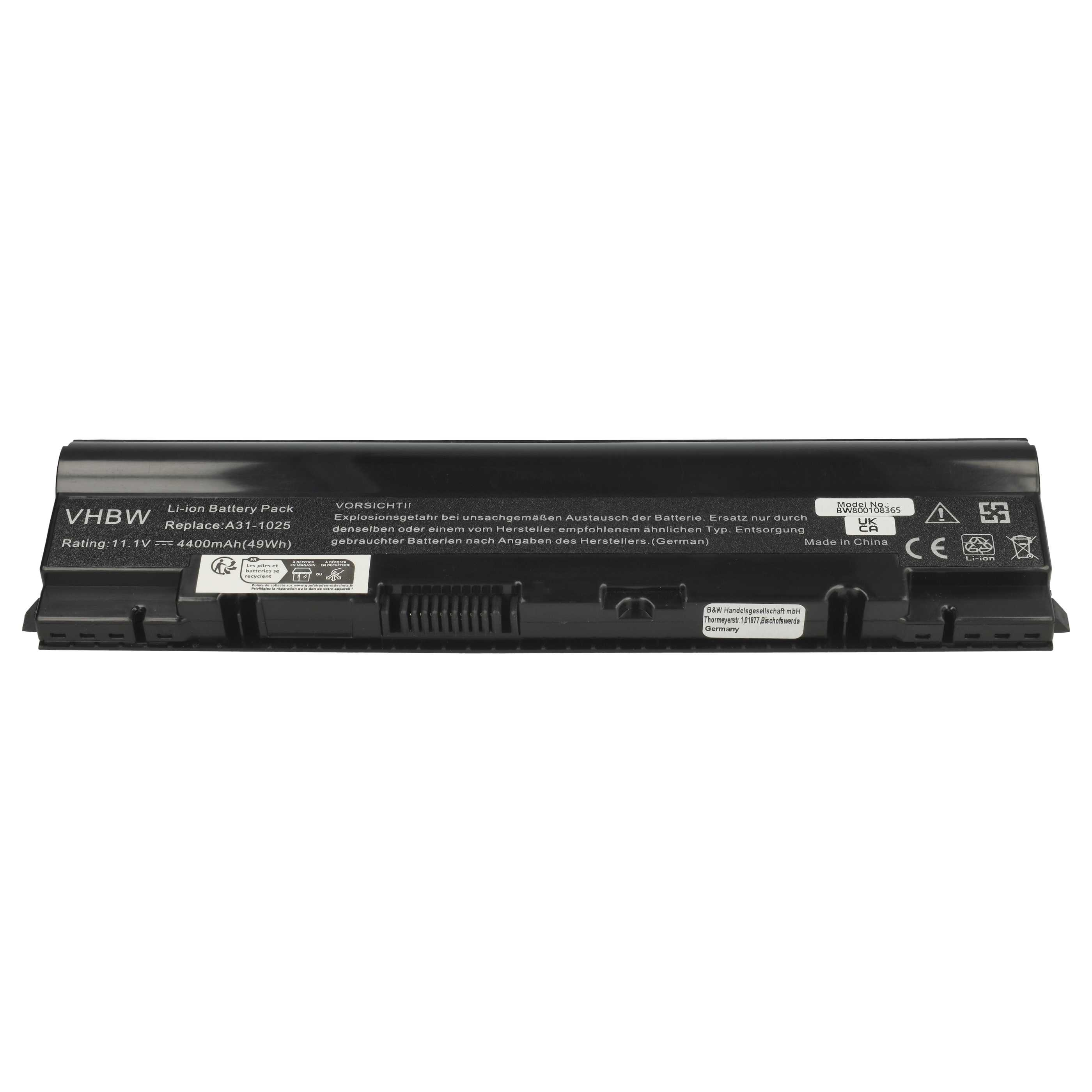 Schwarzer Laptop-Akku mit weißem Text. Aufkleber mit 'VHBW', 'Li-ion Battery Pack' und Warnhinweisen in mehreren Sprachen.