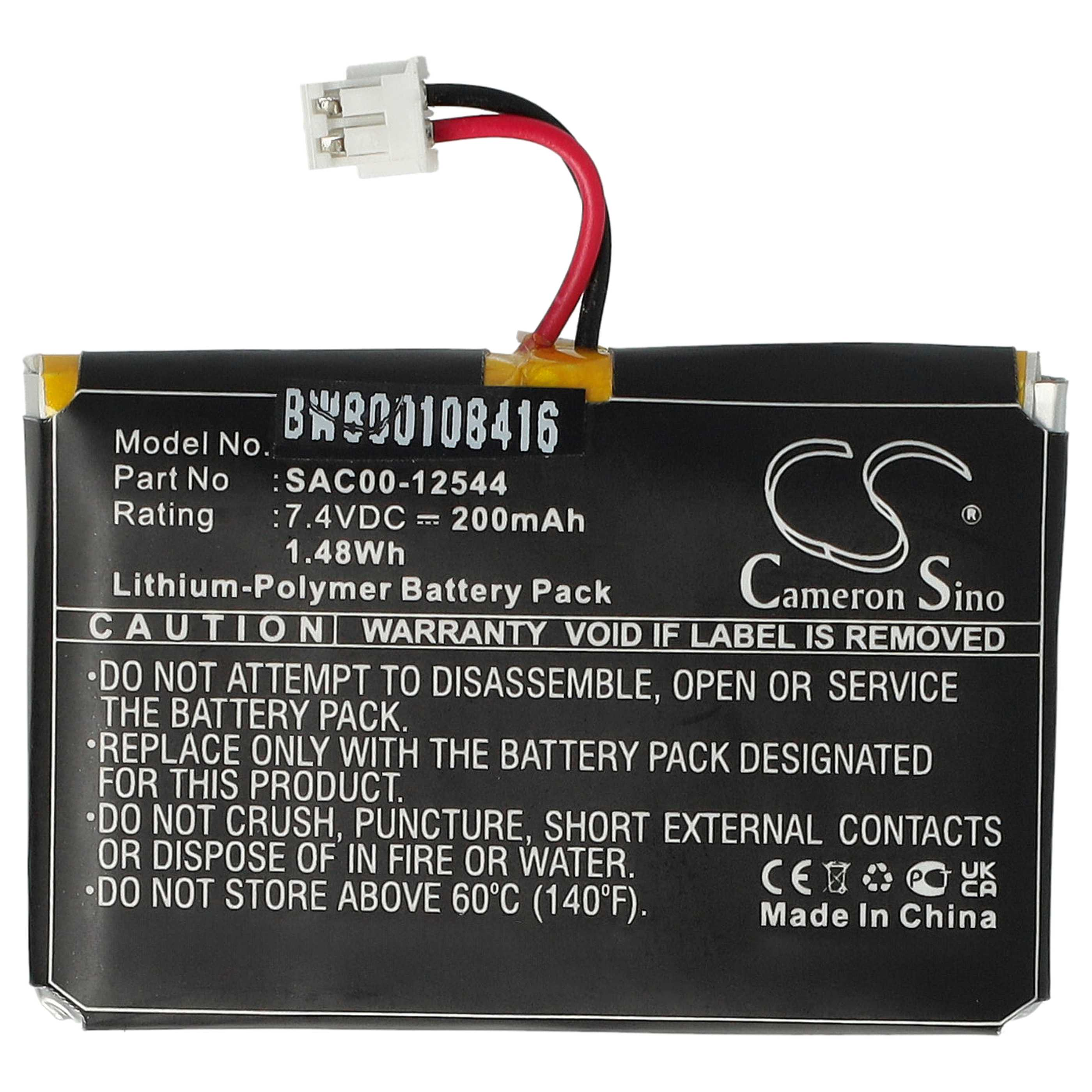 Ein Akku mit weißem Stecker und schwarzen und roten Drähten. Text enthält Modell-, Teile- und Warninformationen.