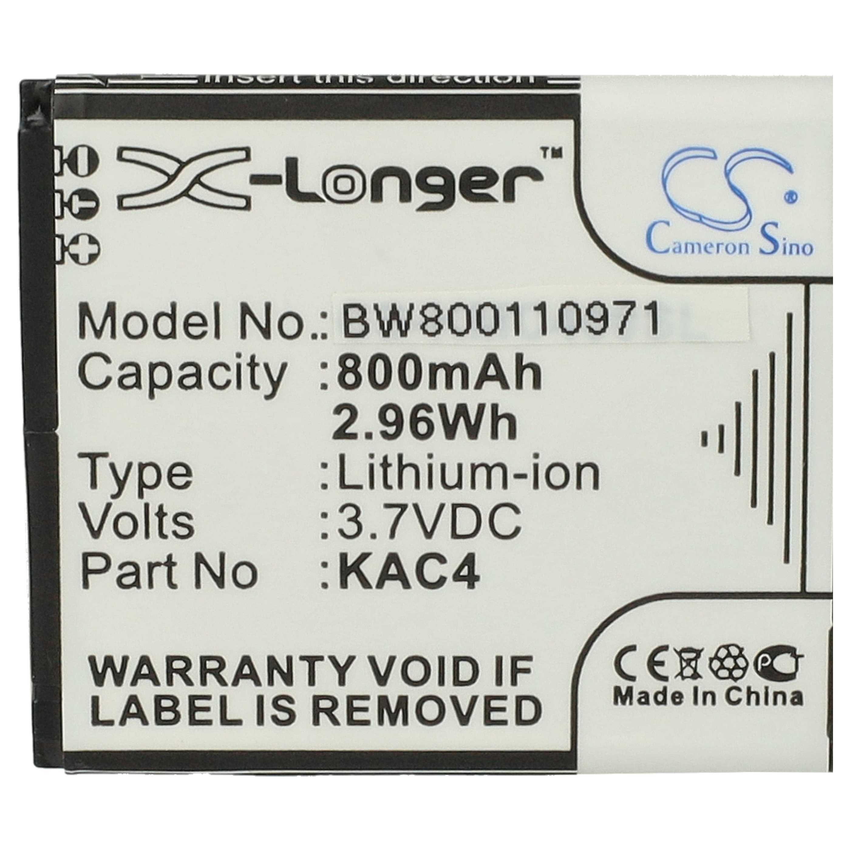 Ein Batterieetikett mit Text wie 'X-Longer', '800mAh' und '3.7VDC'. Es hat auch ein 'Made in China' Zeichen.