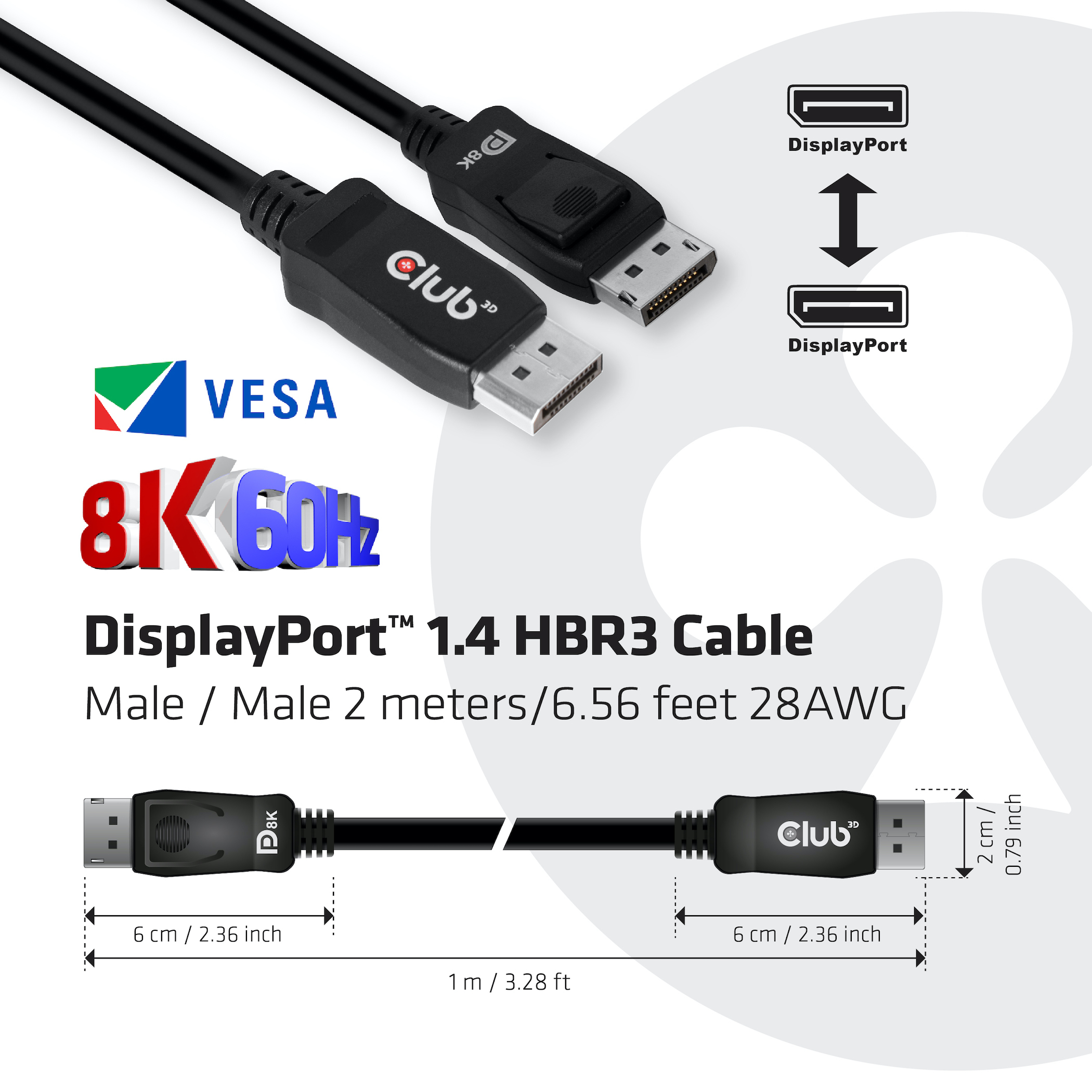 Câble DisplayPort 1.4. Câble noir avec connecteurs à chaque extrémité. Texte inclut VESA, 8K 60Hz et mesures.