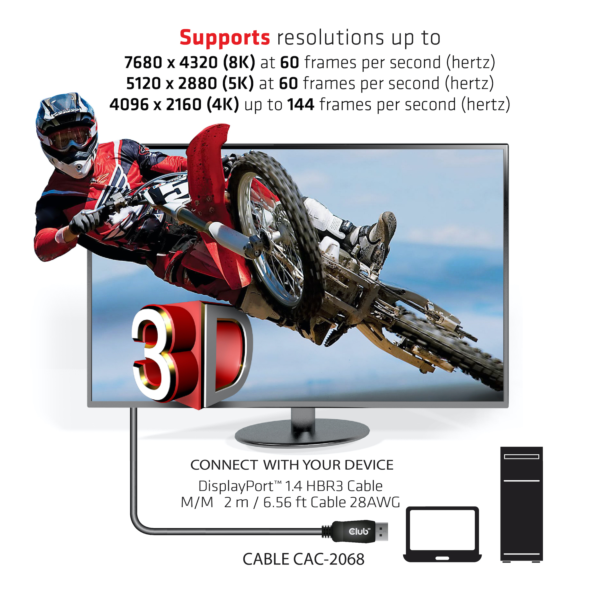 Un écran 3D montre un pilote de motocross. Le texte détaille la prise en charge de la résolution. Inclut un câble, un ordinateur portable et un ordinateur de bureau.