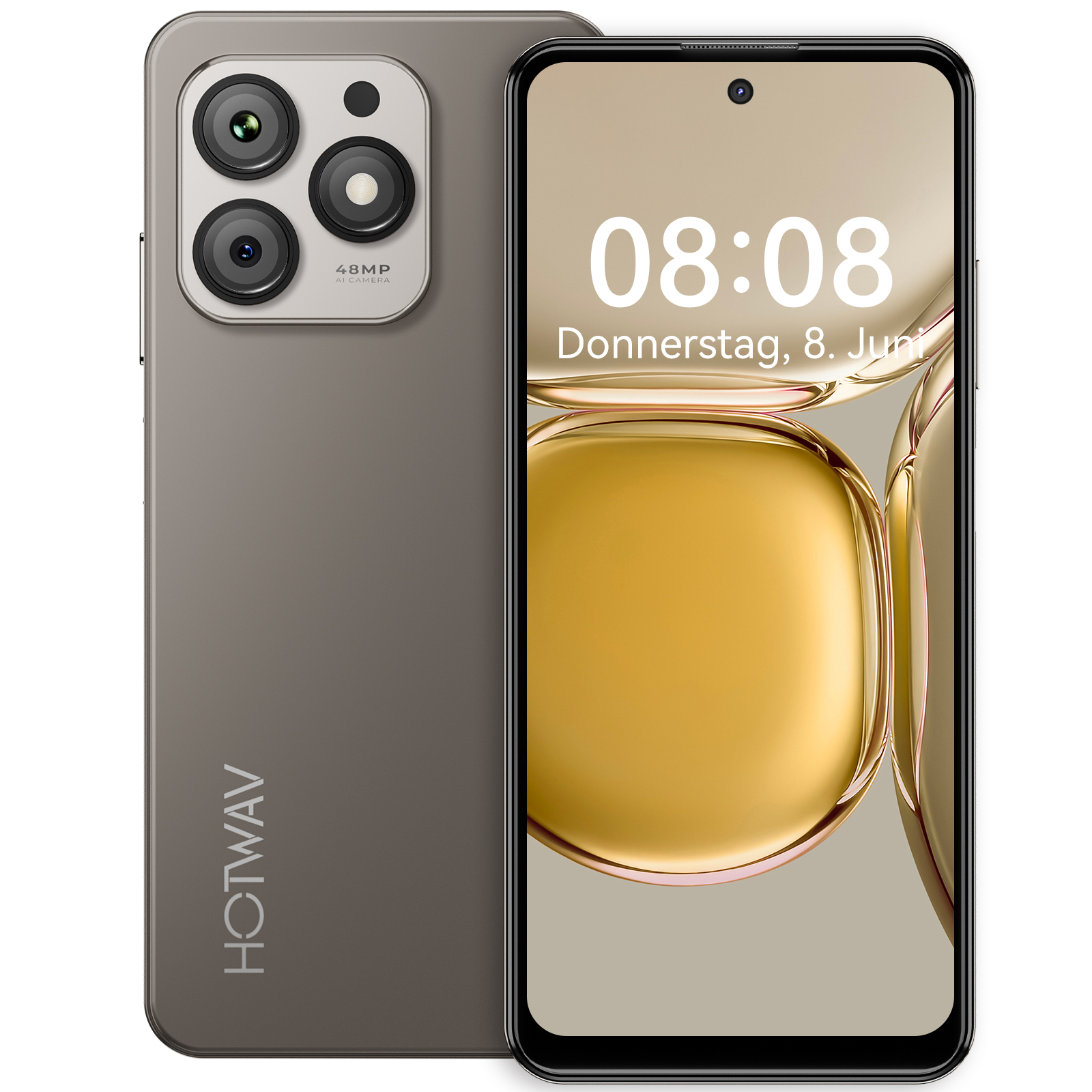 Smartfon z brązowym tyłem i ekranem wyświetlającym godzinę. Aparat ma 3 obiektywy. Wyświetlana godzina to 08:08.
