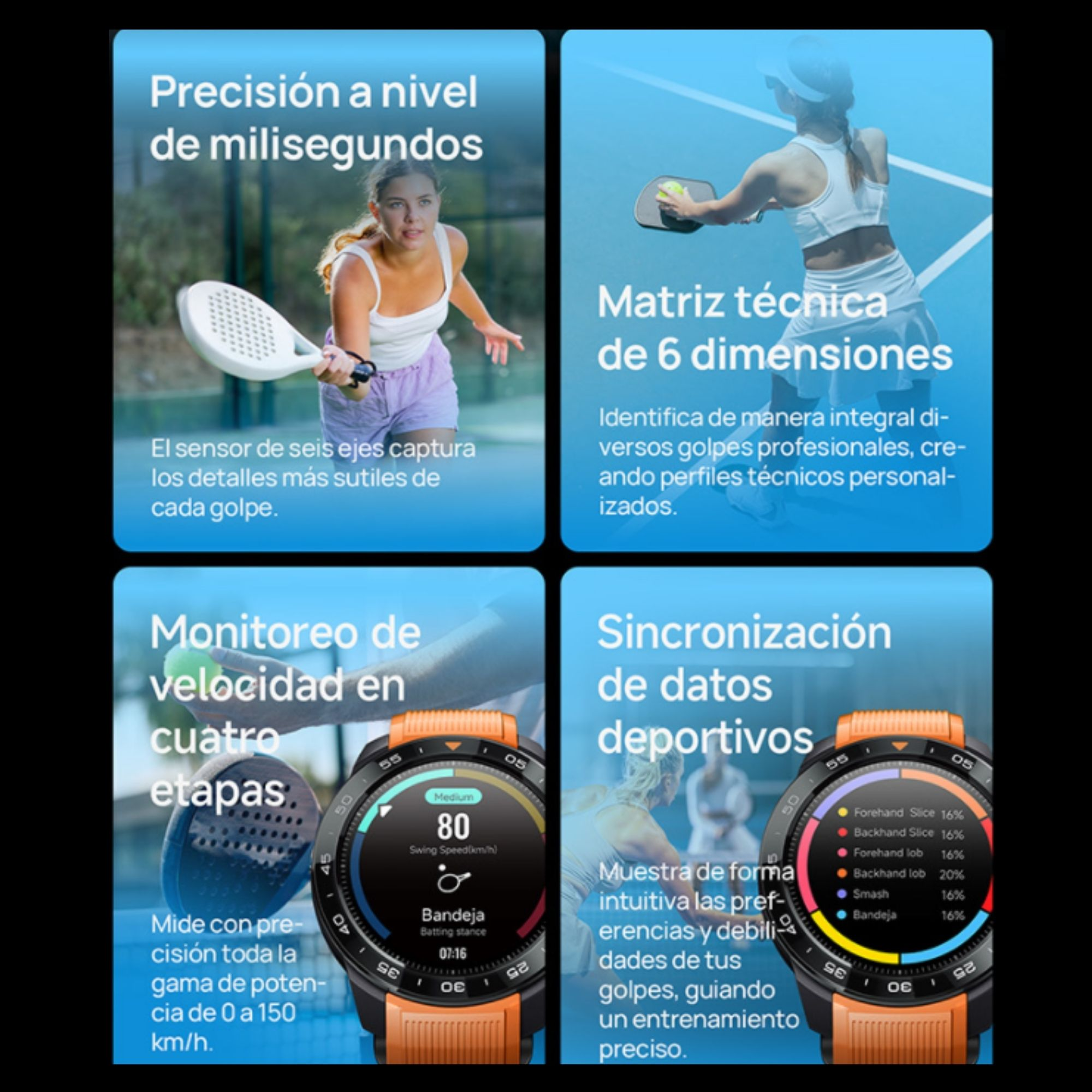 Reklama przedstawia kobietę grającą w paddle, smartwatch i dane dotyczące gry.