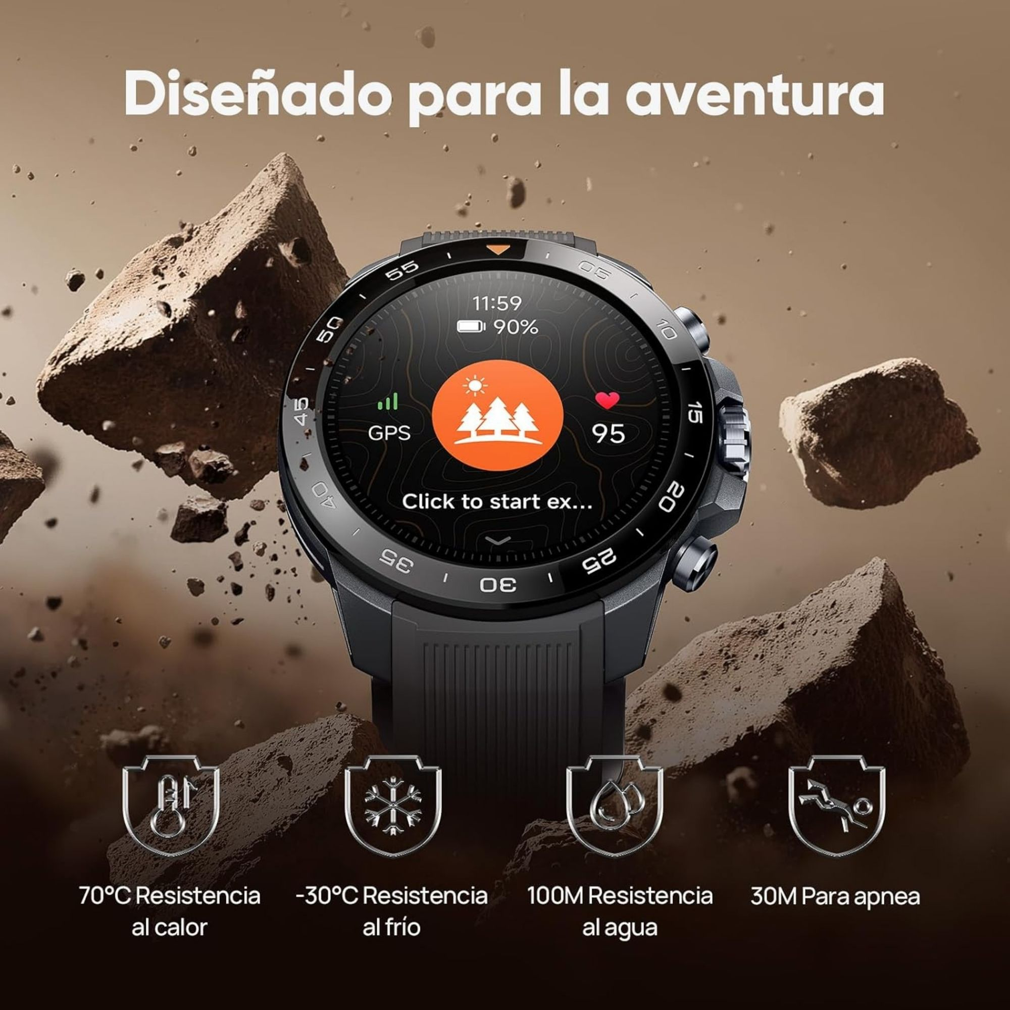 Czarny smartwatch z okrągłym ekranem pokazującym czas i dane fitness, z tekstem poniżej i odłamkami skał w tle.