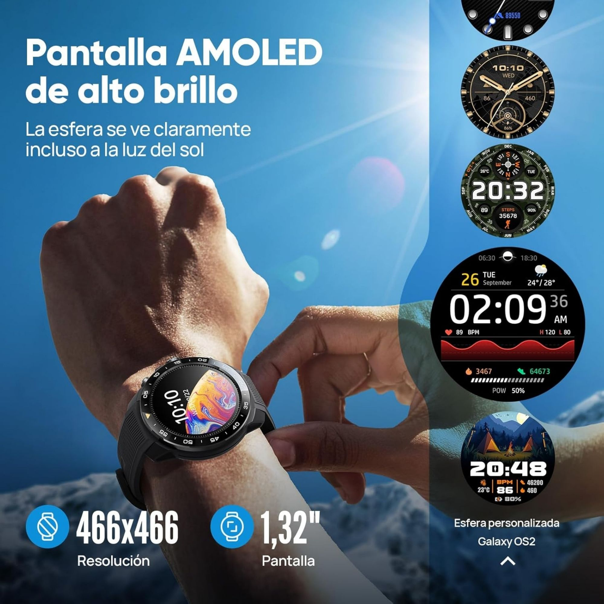 Nosić nadgarstek ze smartwatchem, który wyświetla czas, datę i dane zdrowotne. Tło jest niebieskie.