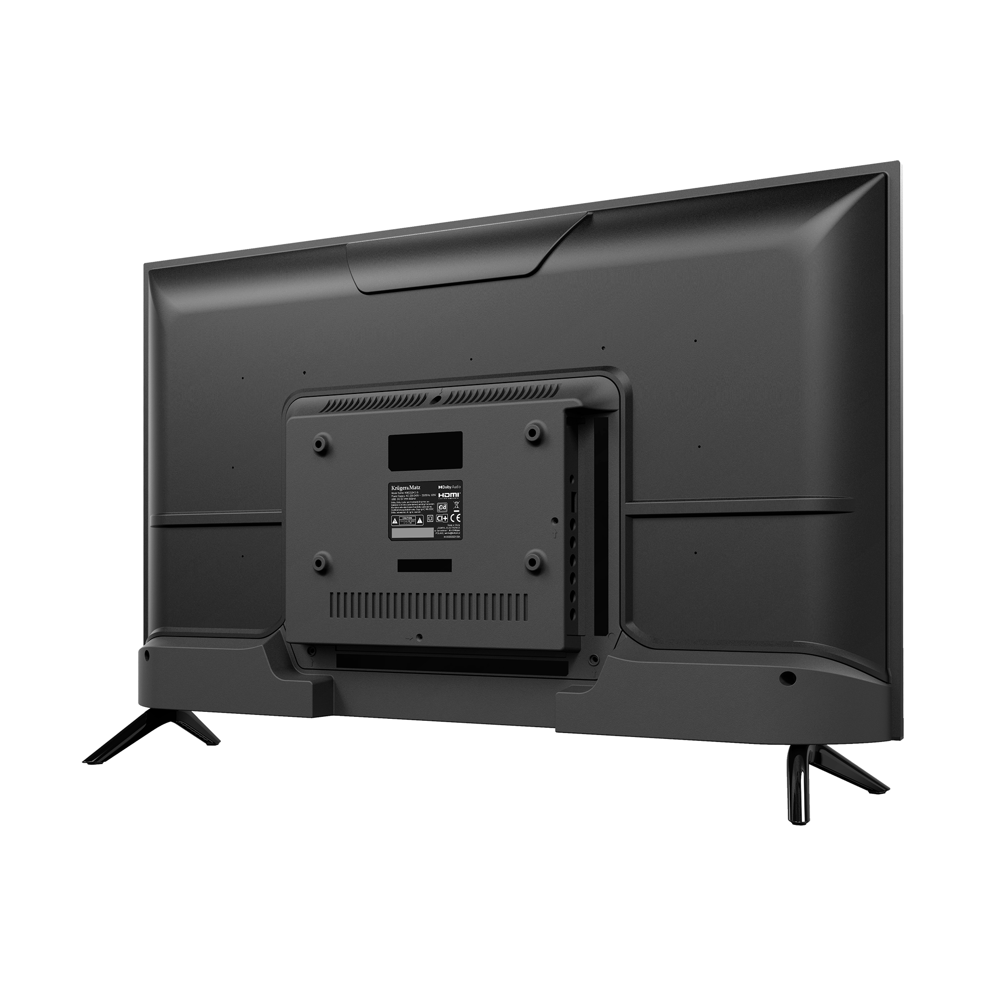 Widok z tyłu czarnego telewizora z płaskim ekranem na białym tle. Ma wspornik montażowy i dwie nogi.