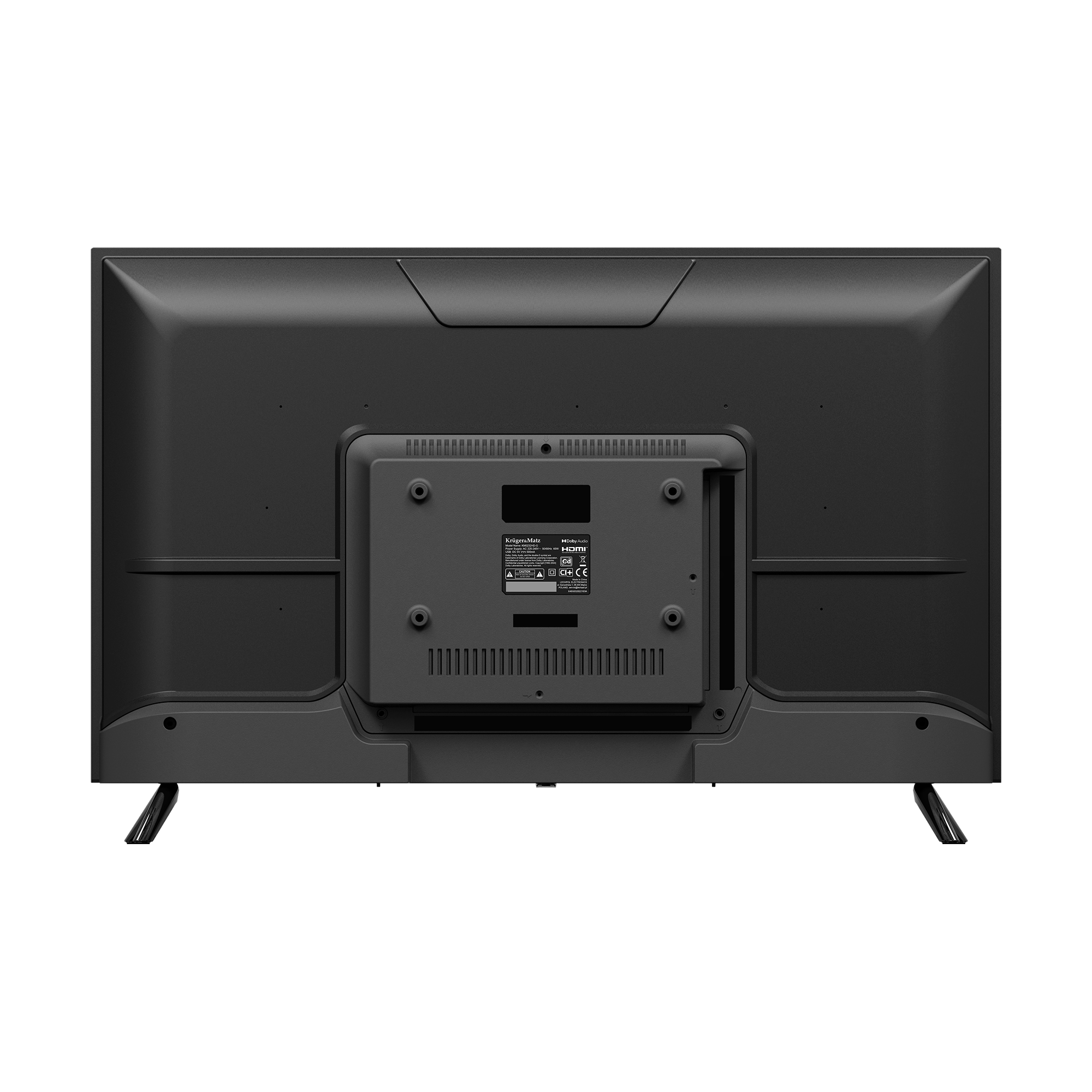 Widok z tyłu czarnego telewizora z płaskim ekranem. Posiada wspornik, wejście zasilania i etykietę produktu. Metalowe nogi go podtrzymują.