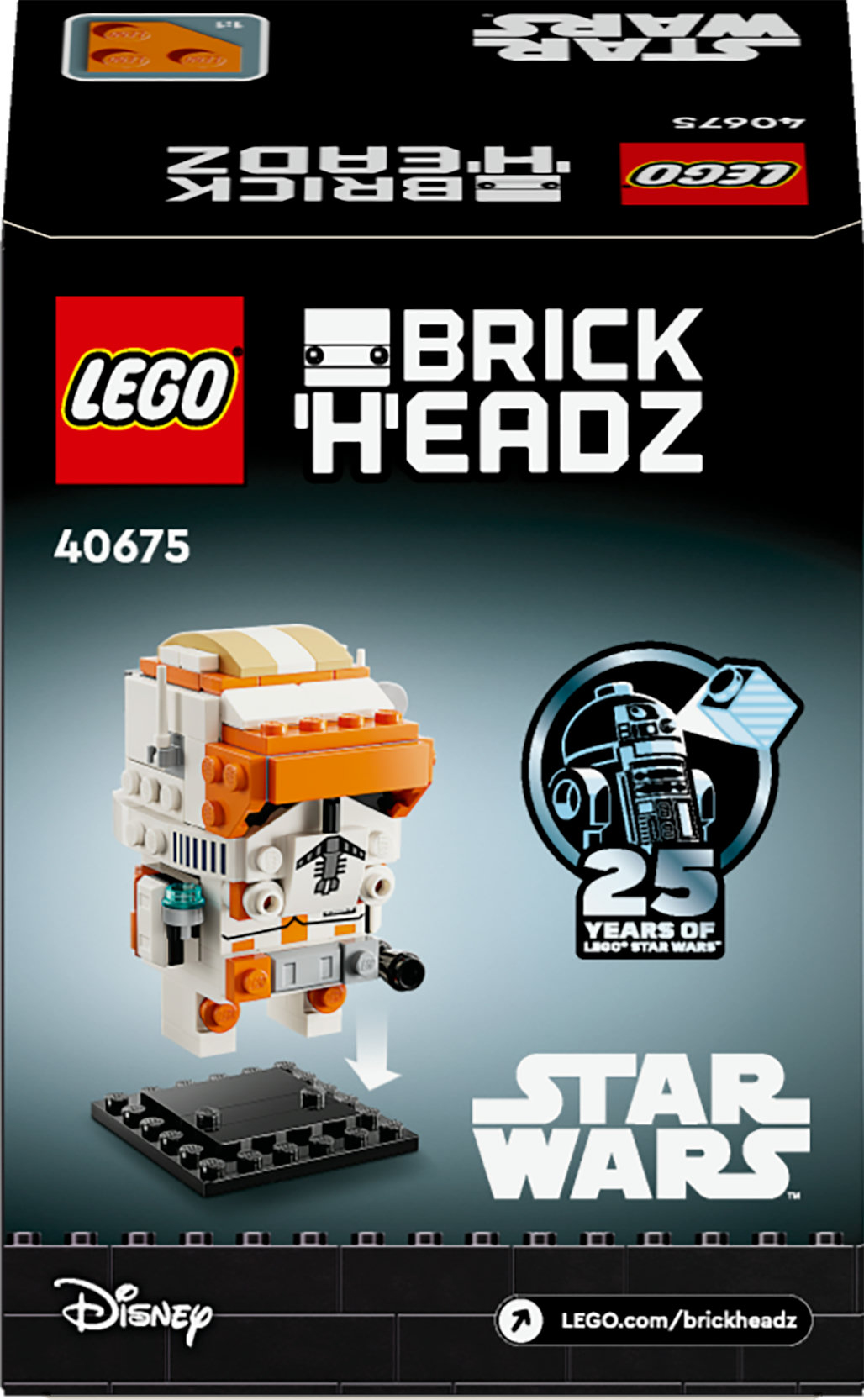 LEGO BrickHeadz seti. Beyaz ve turuncu bir klon askeri figürü içerir. Siyah taban ve 25 Yıllık LEGO Star Wars logosu içerir.