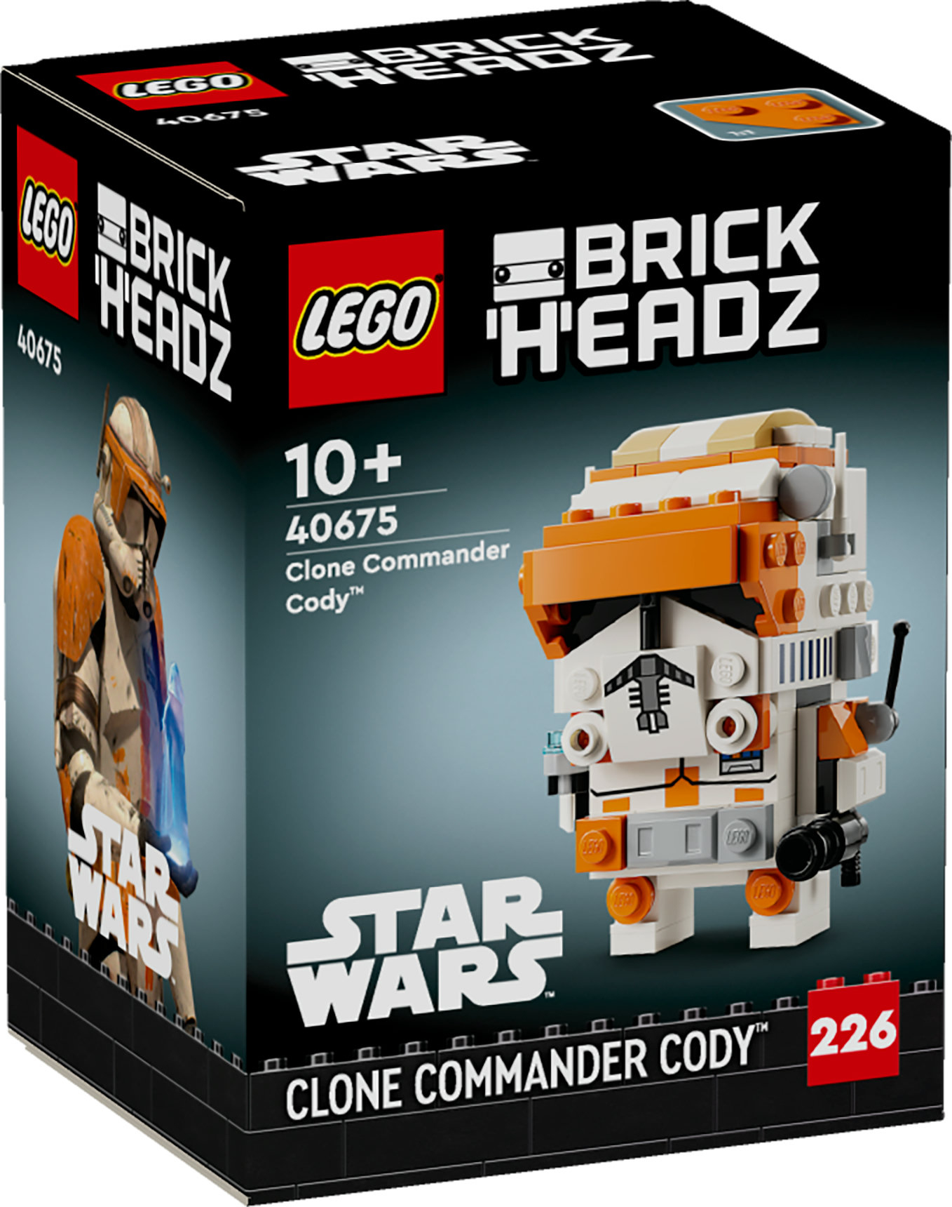 Bir LEGO BrickHeadz kutusu. Turuncu ve beyaz detaylara sahip bir Clone Commander Cody figürü içerir. Kutuda "Star Wars" ve "LEGO" yazmaktadır.