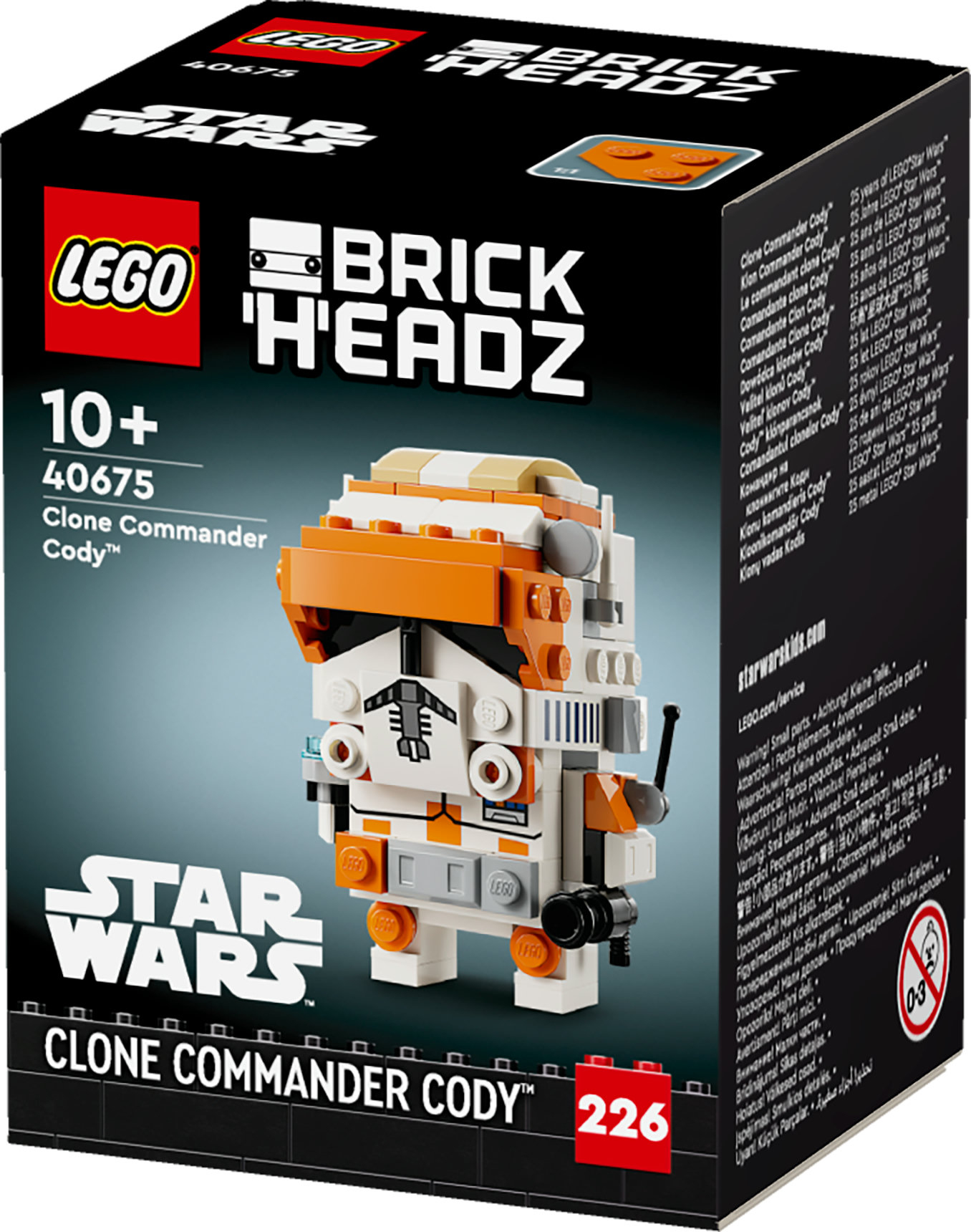 Lego Star Wars seti. Kutu, Clone Commander Cody BrickHeadz figürünü gösteriyor. Turuncu ve beyaz renkler. Star Wars logosu.