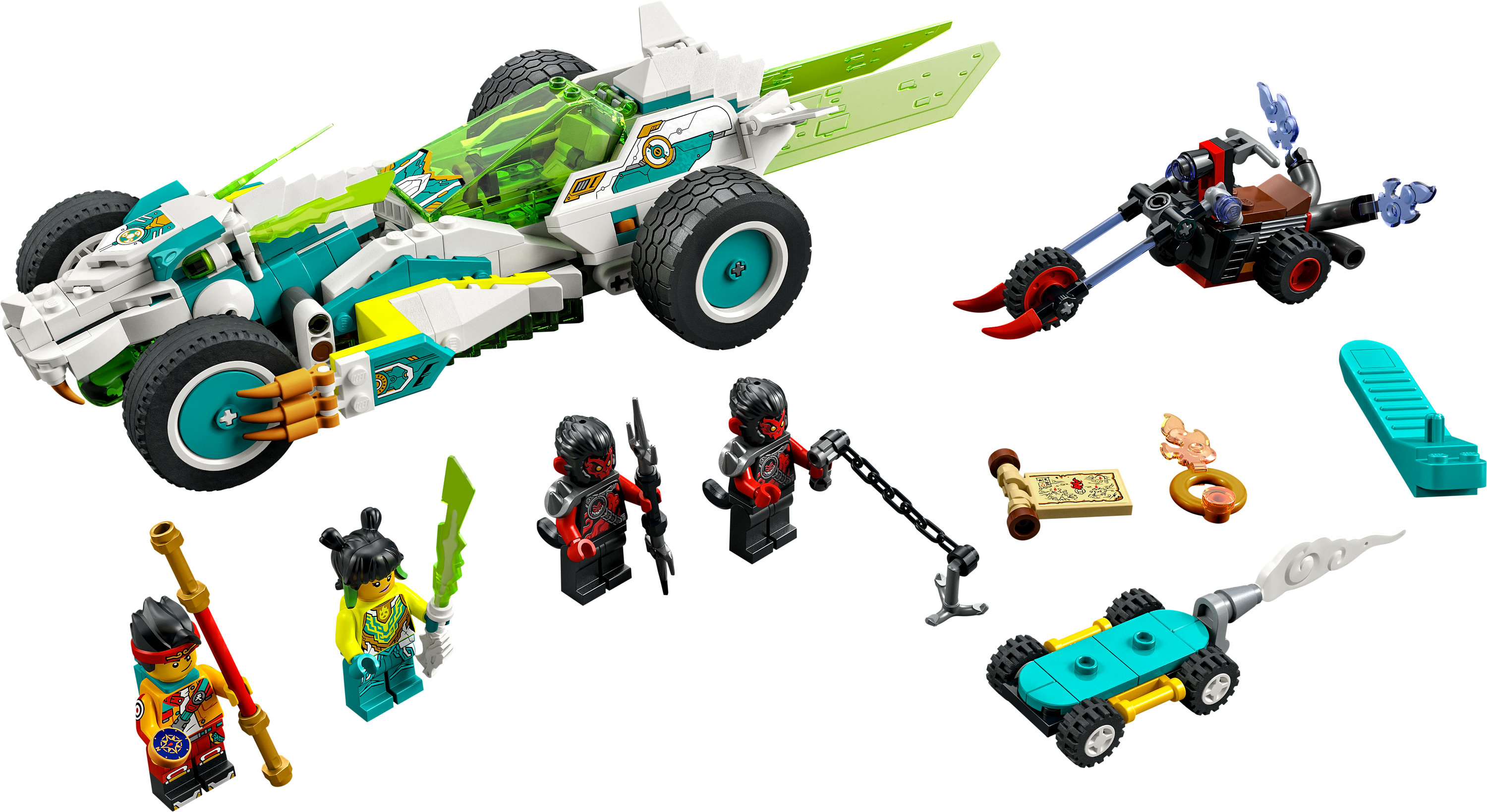 Un set Lego con un'auto bianca e verde acqua, minifigure e accessori. Include una moto, un'arma, una mappa e altri oggetti.