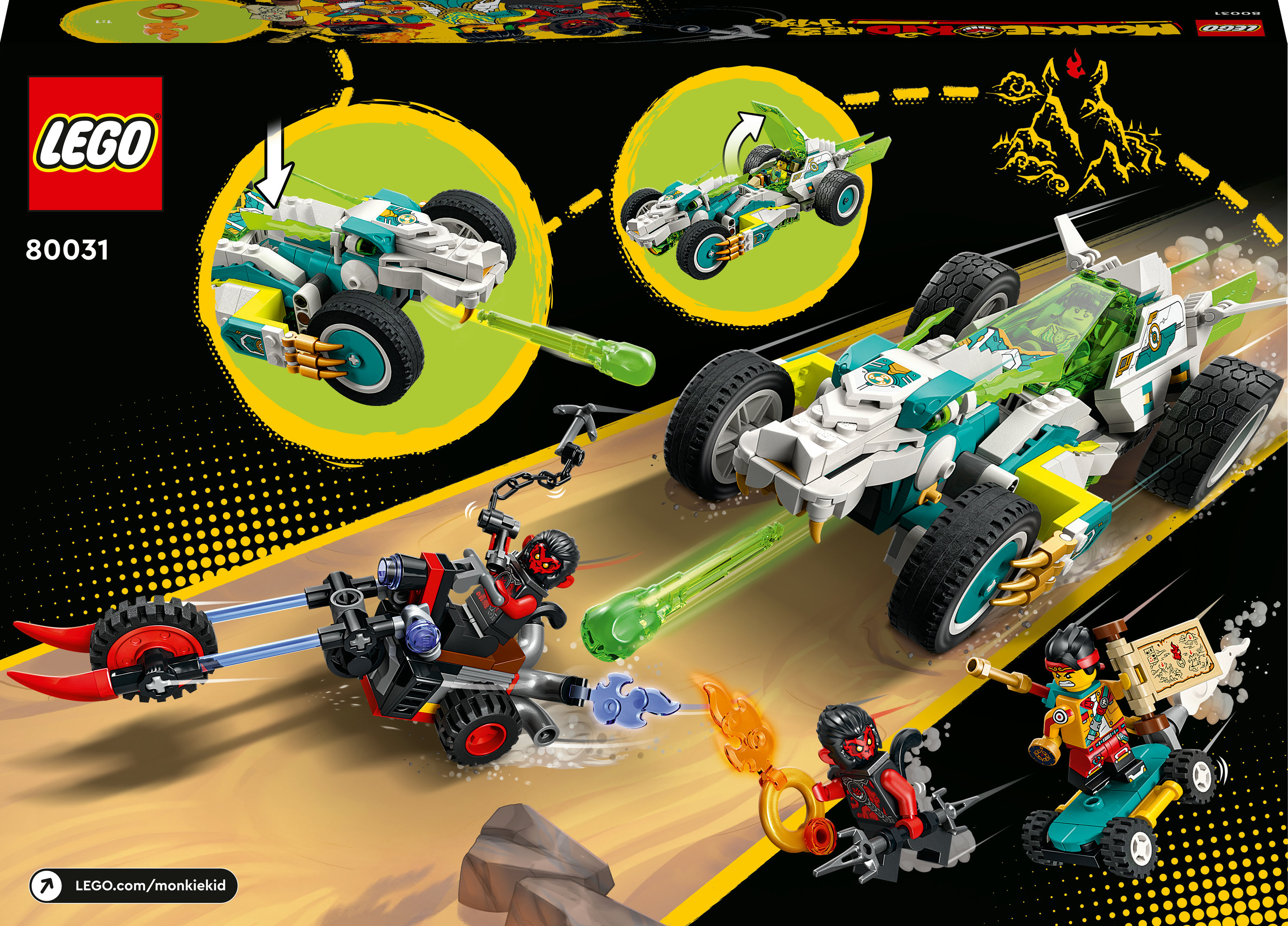 Scatola del set LEGO raffigurante un'auto a tema drago, corridori e scene d'azione con colori vivaci e pose dinamiche.