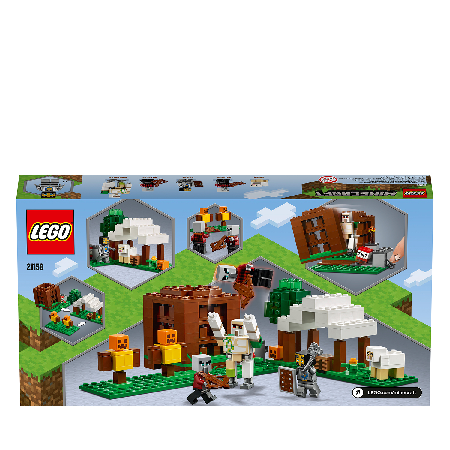 Zestaw LEGO Minecraft. Zawiera różne postacie i sceny z Minecraft, w tym figurki, konstrukcje i eksplozję TNT.