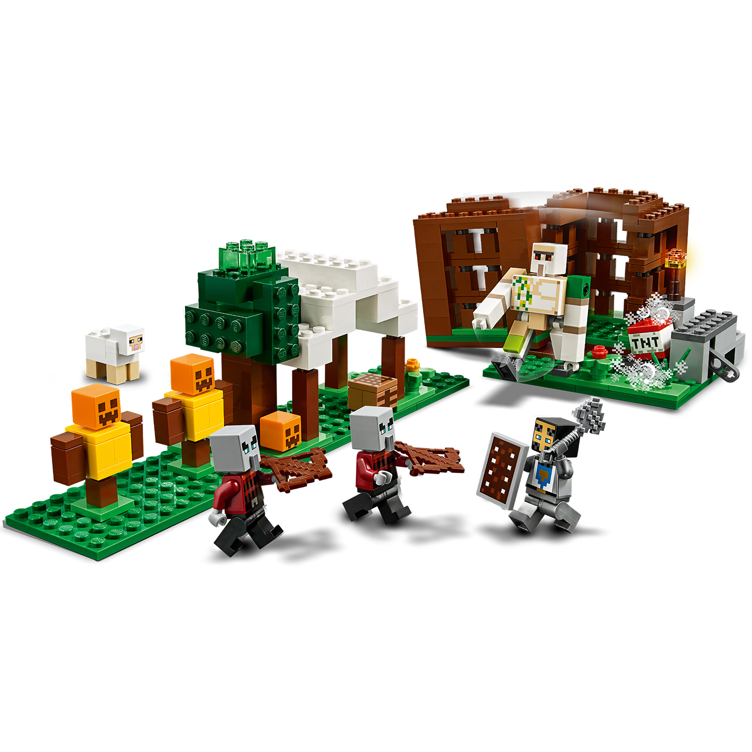 Zestaw Lego Minecraft. Zawiera figurki, dom, drzewa i TNT. Figurki są w konflikcie. Zielone płyty bazowe tworzą podłoże.