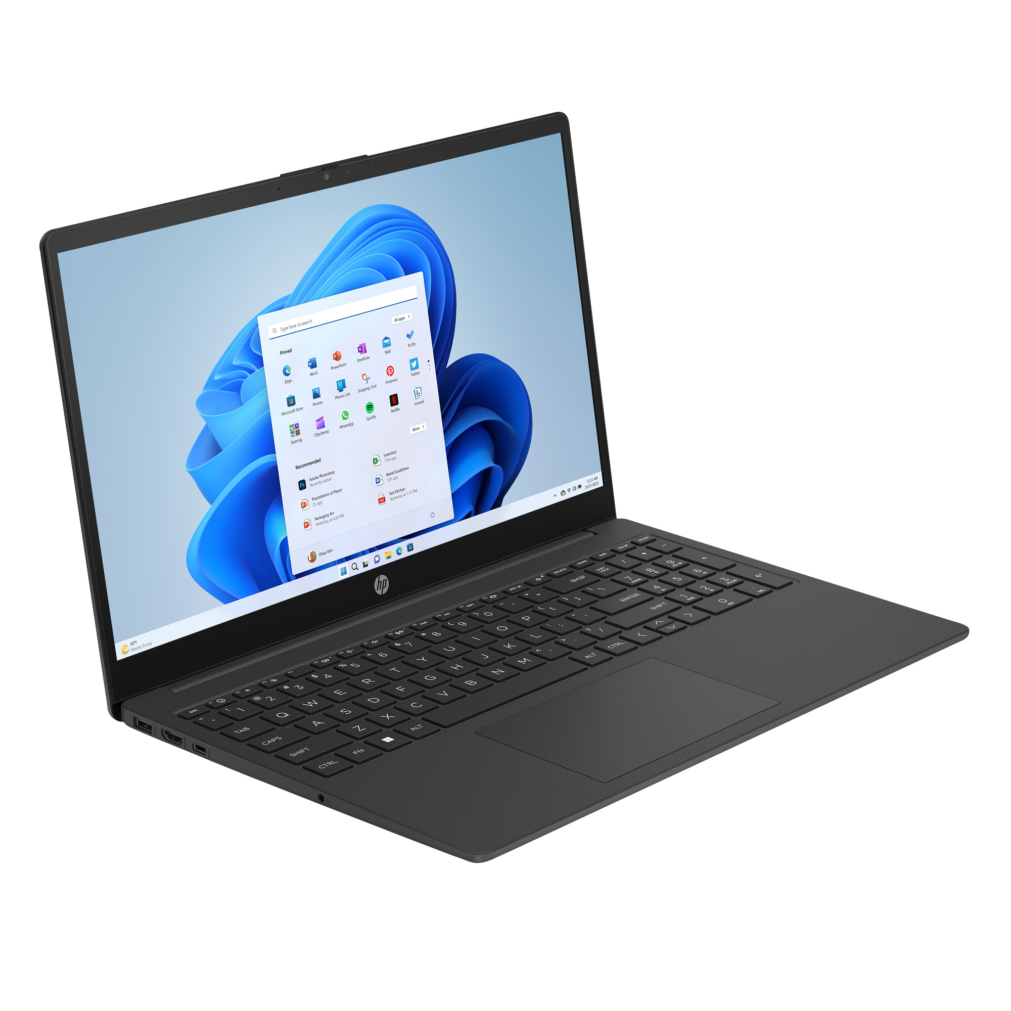 Czarny laptop HP otwarty, z interfejsem Windows 11. Klawiatura widoczna. Białe tło.