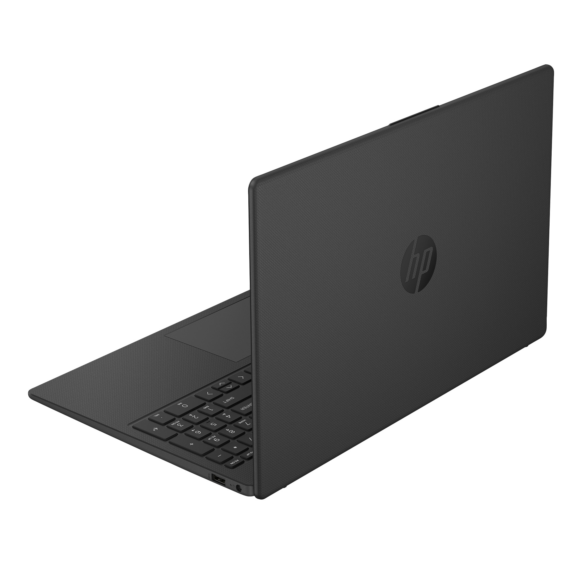 Czarny laptop HP jest otwarty na białym tle. Ekran jest otwarty, ukazując klawiaturę i gładzik.