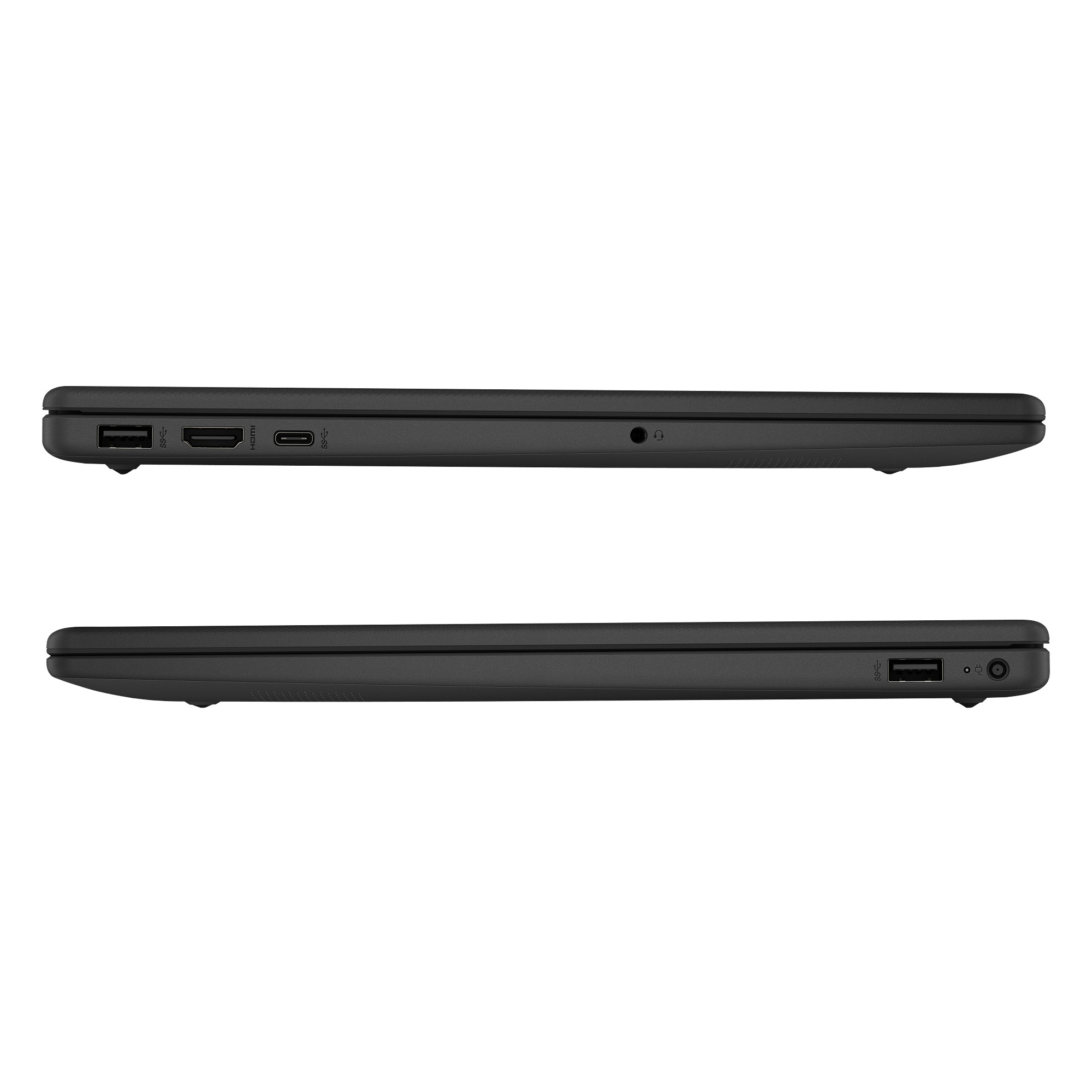 Widok z boku czarnego laptopa, pokazujący porty USB, HDMI i zasilania. Na białym tle.