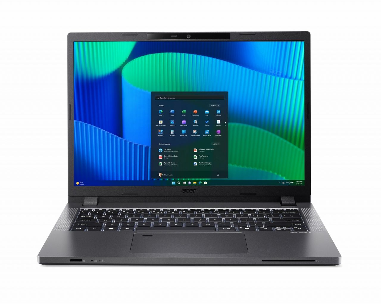Portátil Acer negro abierto. La pantalla muestra aplicaciones de Windows sobre fondo azul. Teclado visible.