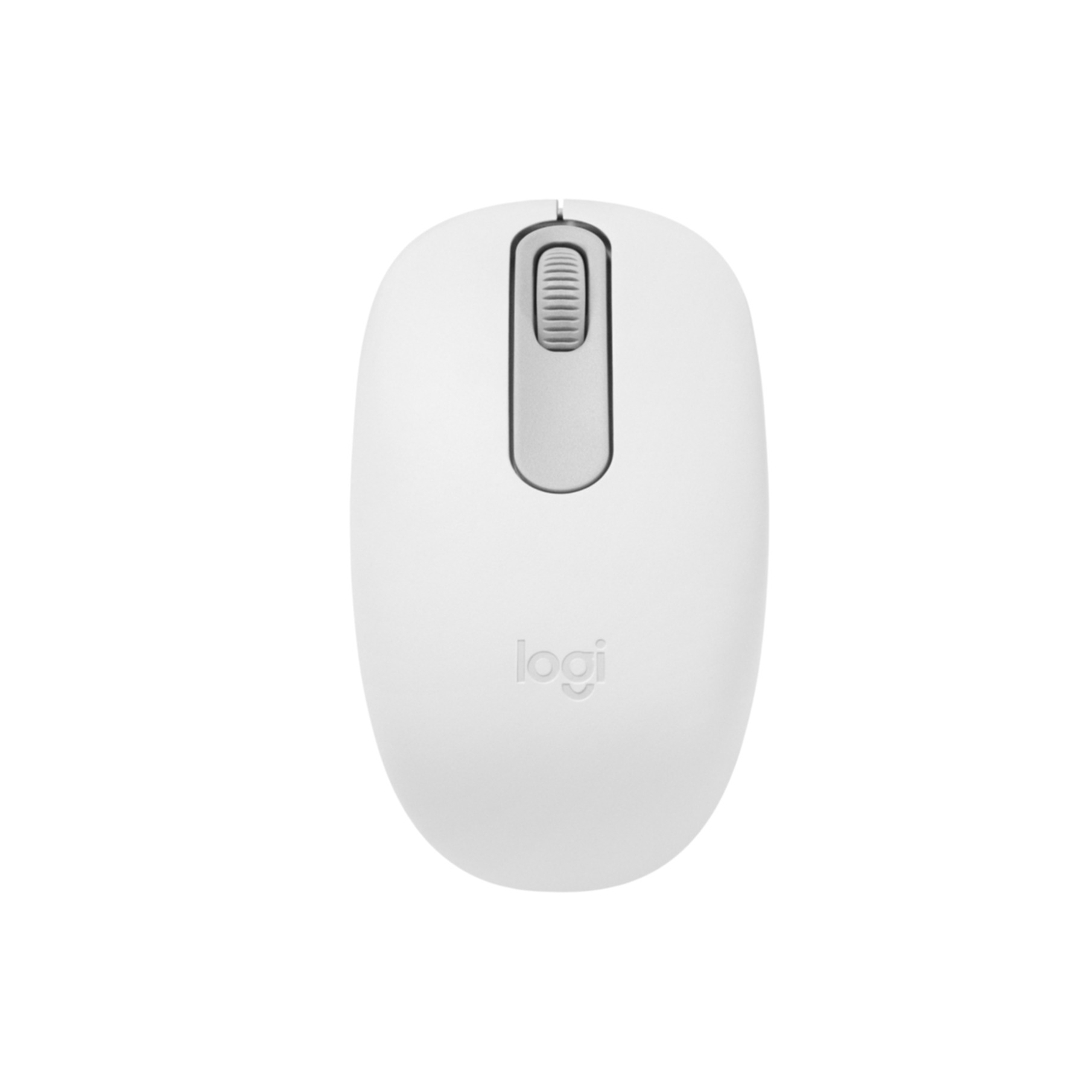 Une souris d'ordinateur Logitech blanche avec molette et logo sur fond blanc.