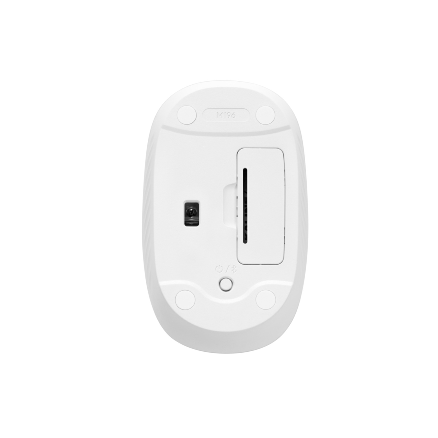 Dessous d'une souris blanche, avec compartiment à piles, interrupteur et autres marquages.