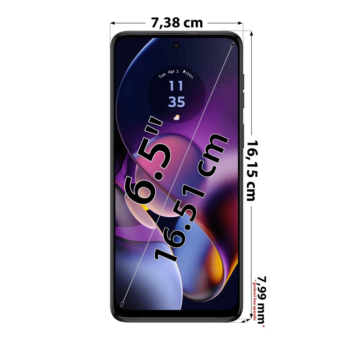 Schermo smartphone che mostra l'ora, dimensioni in cm e mm, tra cui dimensioni schermo e spessore telefono. Cornice nera.