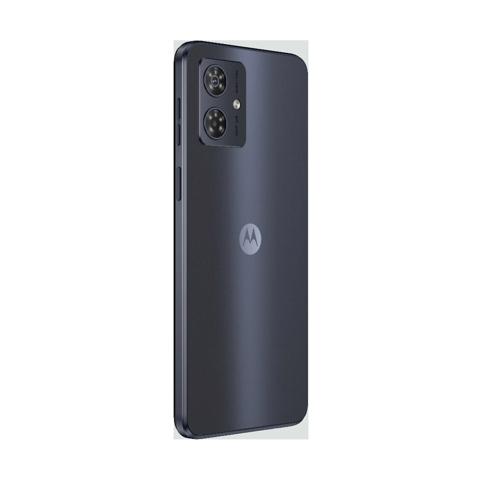 Uno smartphone Motorola grigio scuro su sfondo bianco. Ha una configurazione a doppia fotocamera, pulsanti del volume e un logo Motorola.