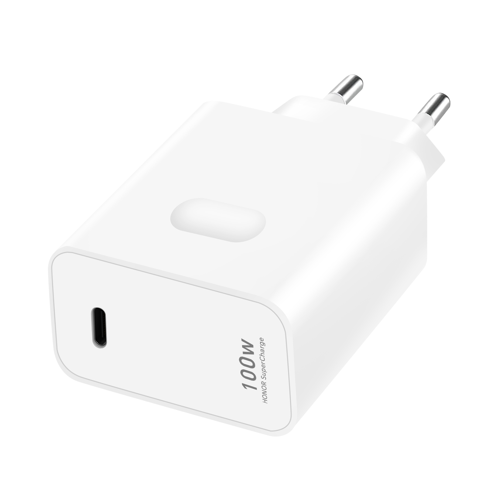 Un caricatore HONOR SuperCharge 100W bianco, con due pin argentati e una porta USB-C. Su sfondo bianco.