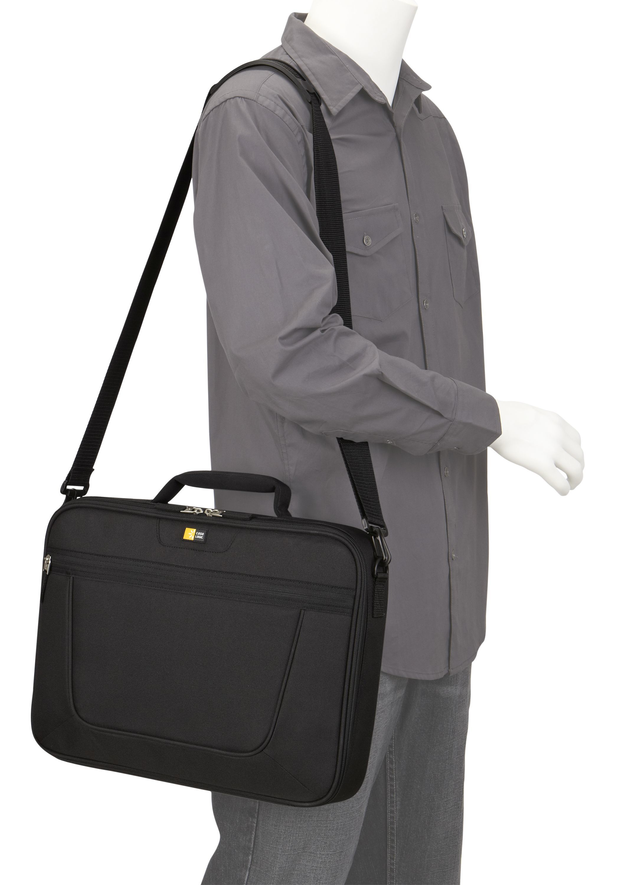 A mannequin wearing a grey shirt and jeans carries a black Case Logic laptop bag over its shoulder.