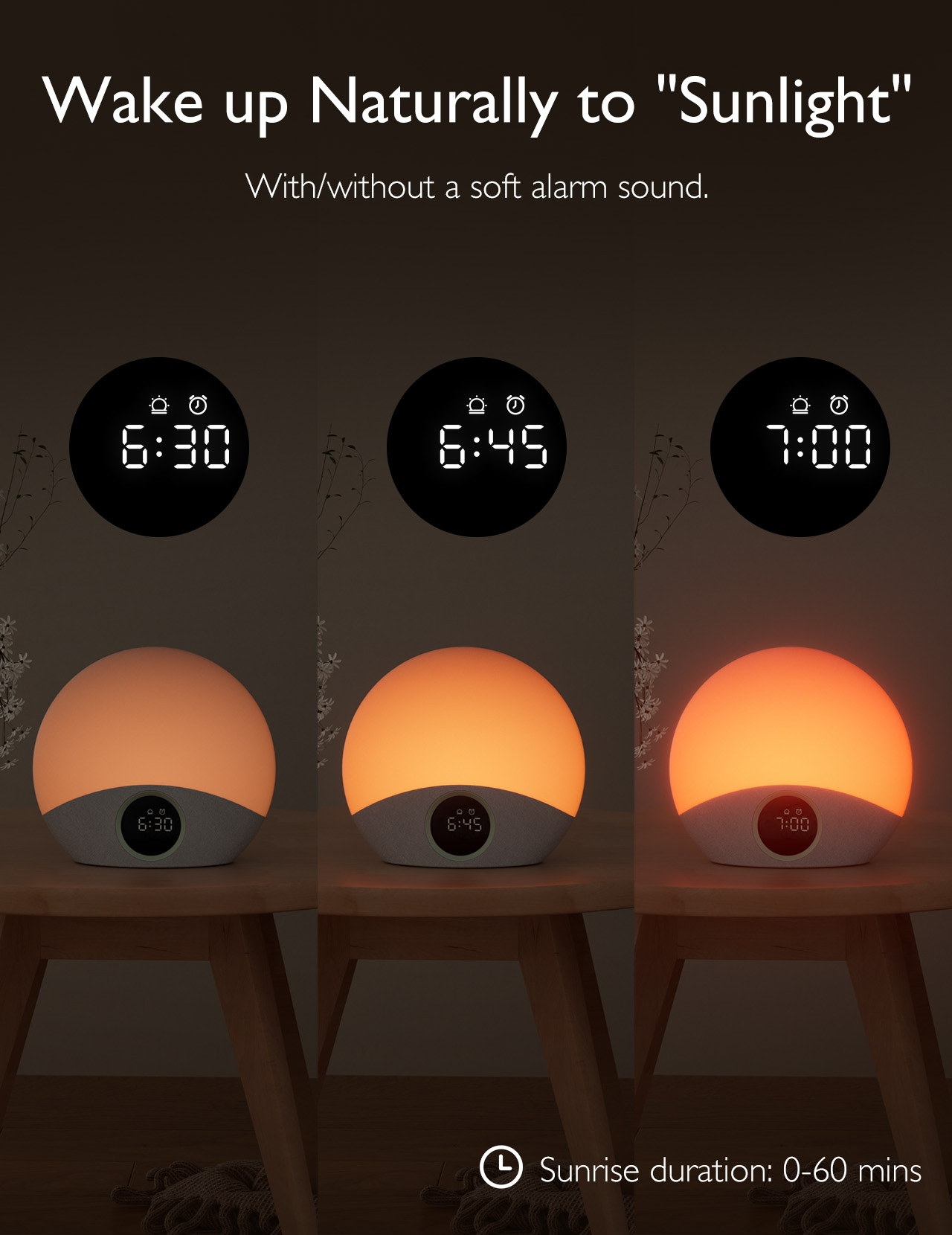Un anuncio muestra tres luces de despertador con diferentes horas. El texto dice 'Despierta naturalmente con la luz del sol'.
