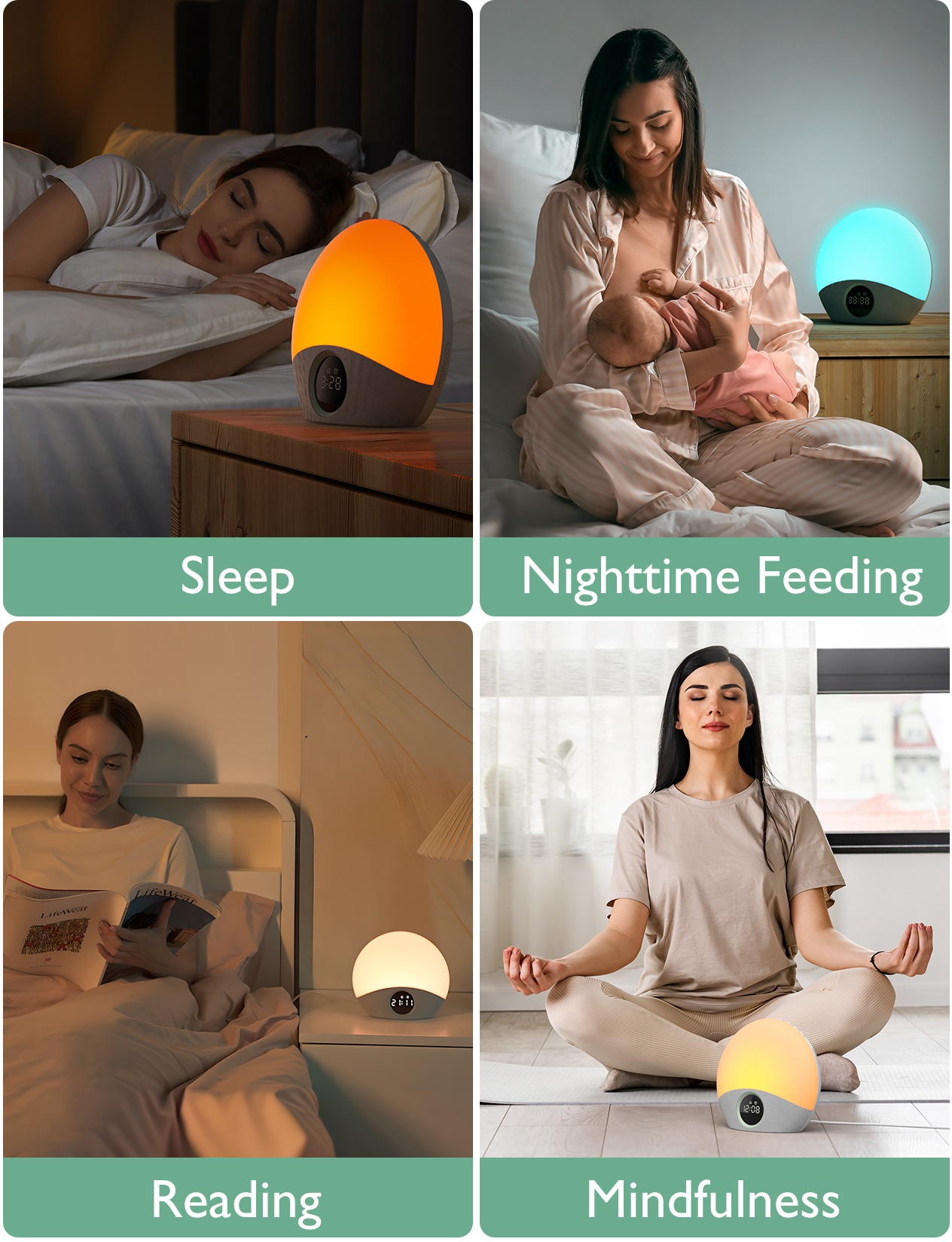 Cuatro imágenes muestran a una mujer durmiendo, amamantando, leyendo y meditando. Cada escena tiene una lámpara de noche con color de luz cambiante.