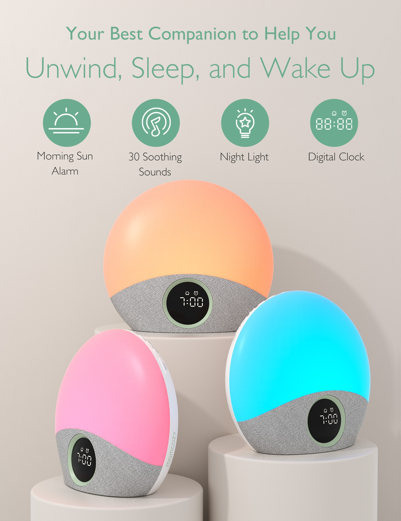 Tres lámparas para dormir, naranja, rosa y azul, cada una con un reloj digital. Texto superior: Relájate, duerme y despierta.