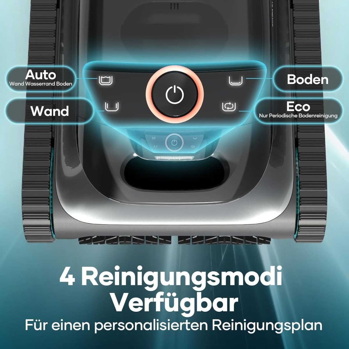 Un robot limpiador de piscinas muestra botones para modos de limpieza: Auto, Pared, Fondo y Eco. El dispositivo es gris y negro con orugas.