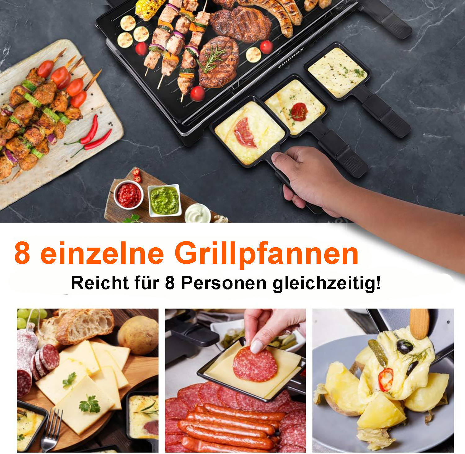 Ein Raclette-Grill mit verschiedenen gegrillten Speisen: Spieße, Fleisch, Gemüse und Käse. Dazu Dips und Käse in kleinen Pfannen.