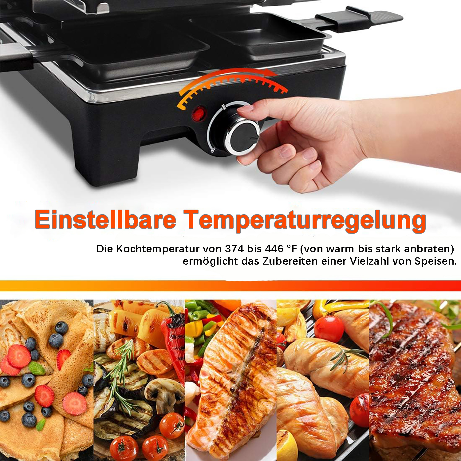Eine Hand stellt einen Temperaturregler an einem schwarzen Grill ein. Verschiedene gekochte Speisen: Pfannkuchen, gegrilltes Gemüse, Lachs, Hähnchen und Steak.