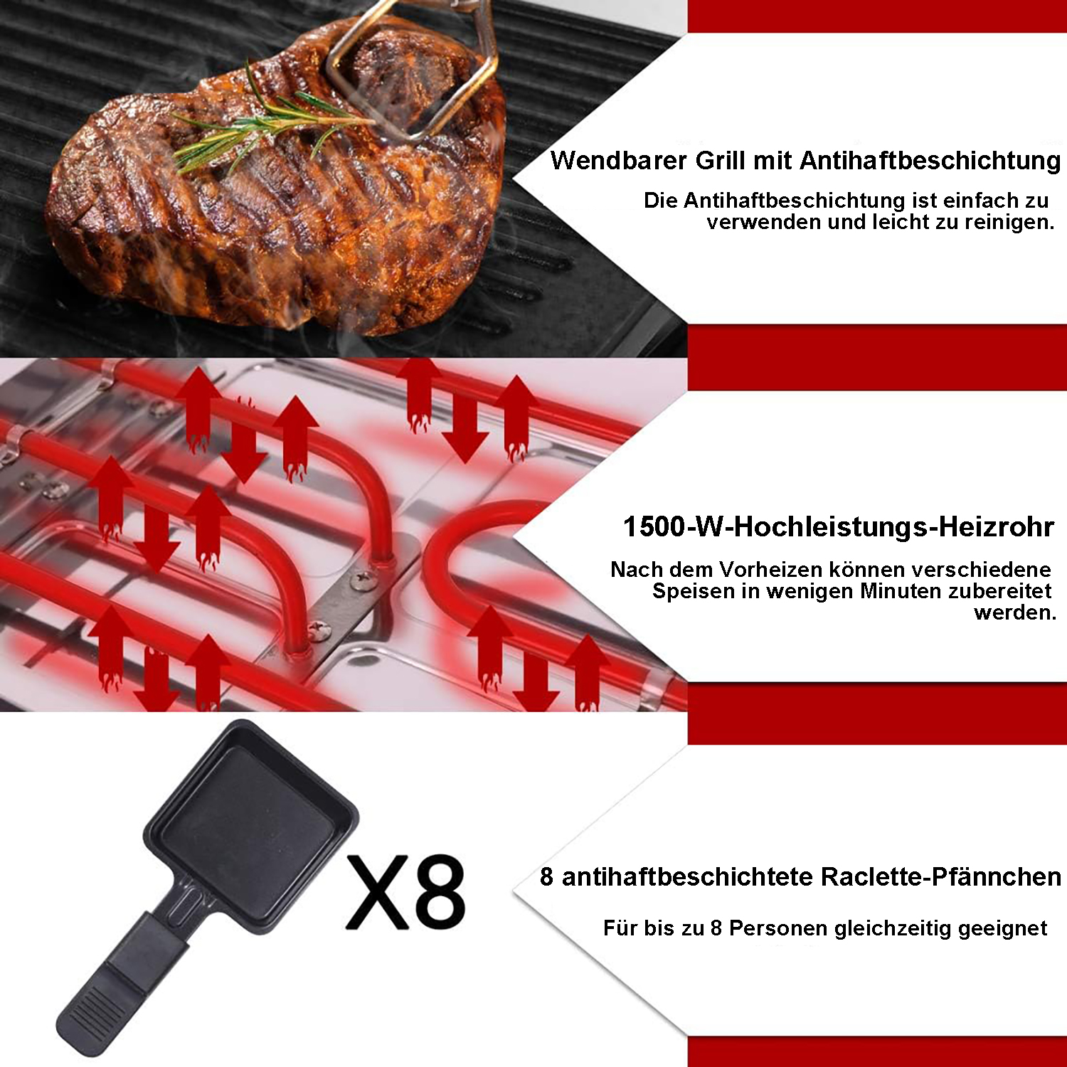 Ein gegrilltes Steak auf einem Grill. Rote Heizelemente darunter. Enthält 8 kleine Raclette-Pfannen. Text auf Deutsch.