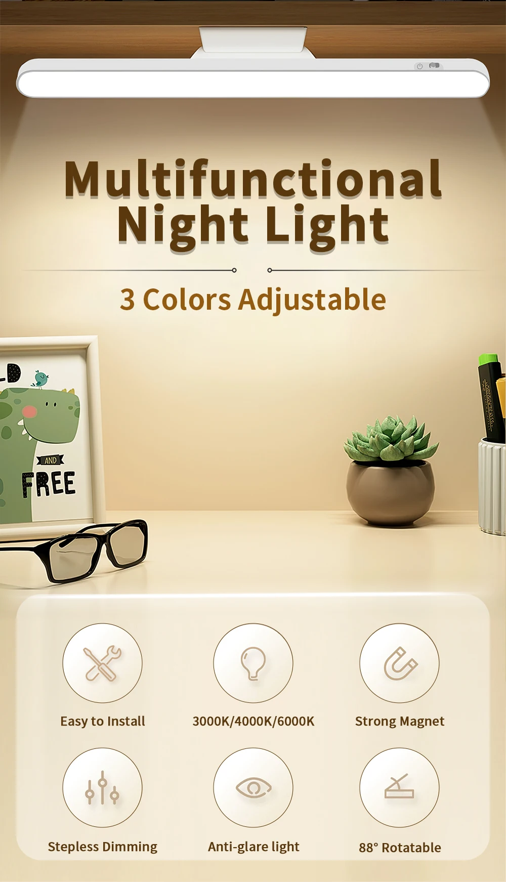 Ein Schreibtisch mit Lampe, Bild, Brille und Pflanze. Text: Multifunktionale Nachtlampe, 3 Farben einstellbar, einfach zu installieren.