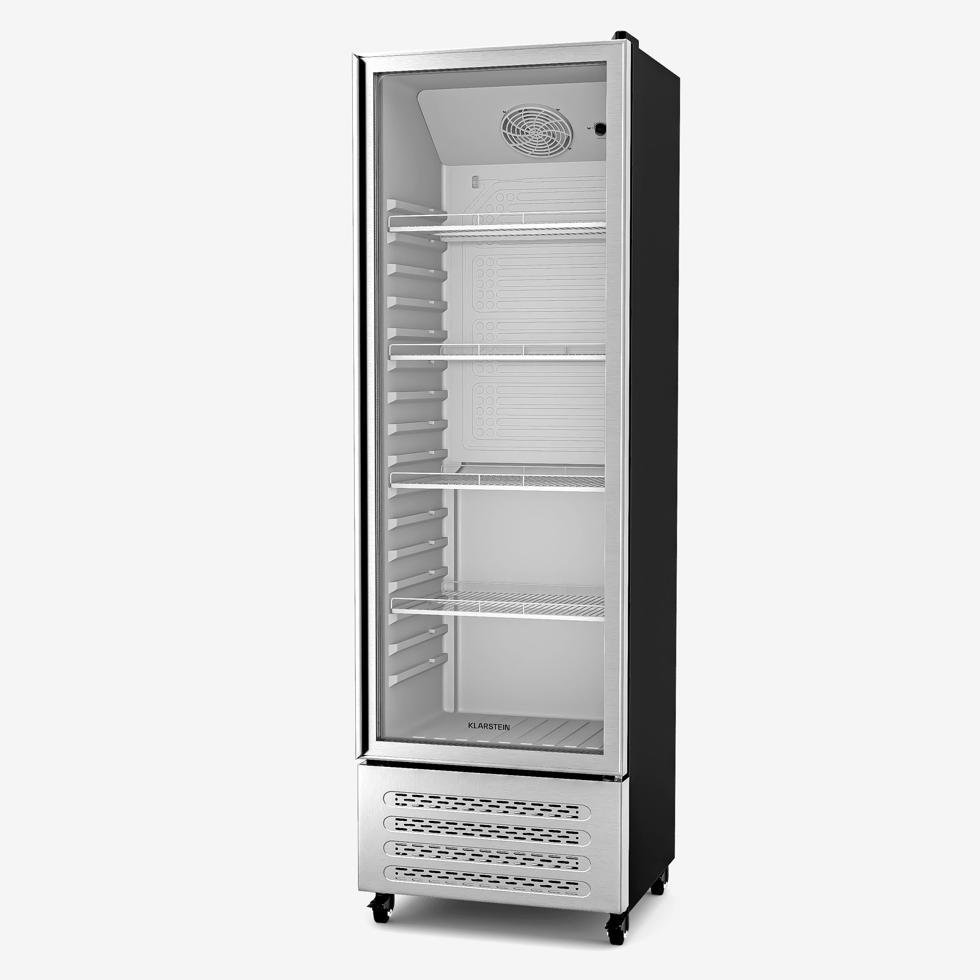 Ein hoher Kühlschrank mit Glasfront, Edelstahlverkleidung und schwarzen Seiten. Er hat Regale und eine untere Lüftung.