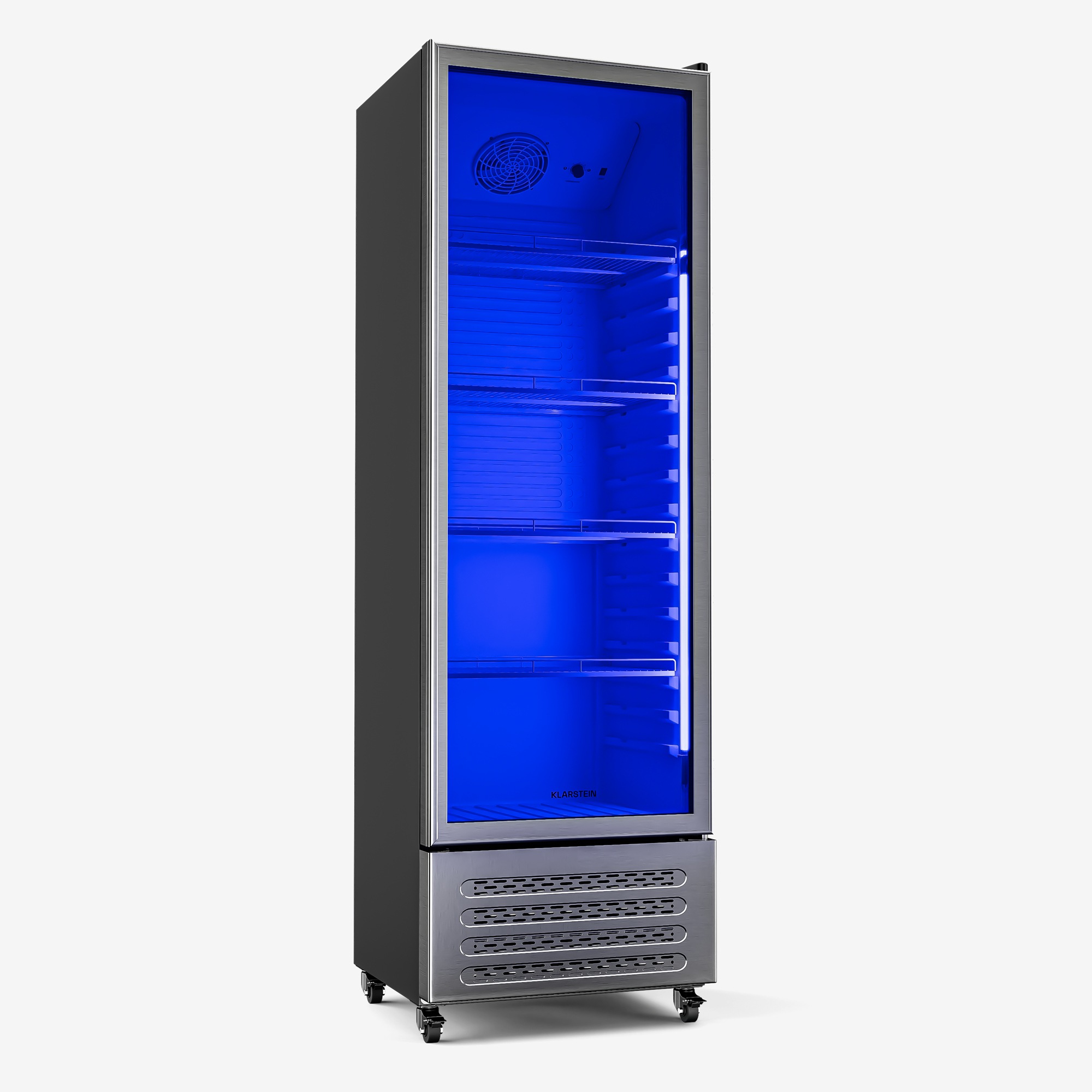 Ein hoher Kühlschrank aus Edelstahl mit blauer Innenbeleuchtung. Er hat Glastüren, Regale und steht auf Rollen.