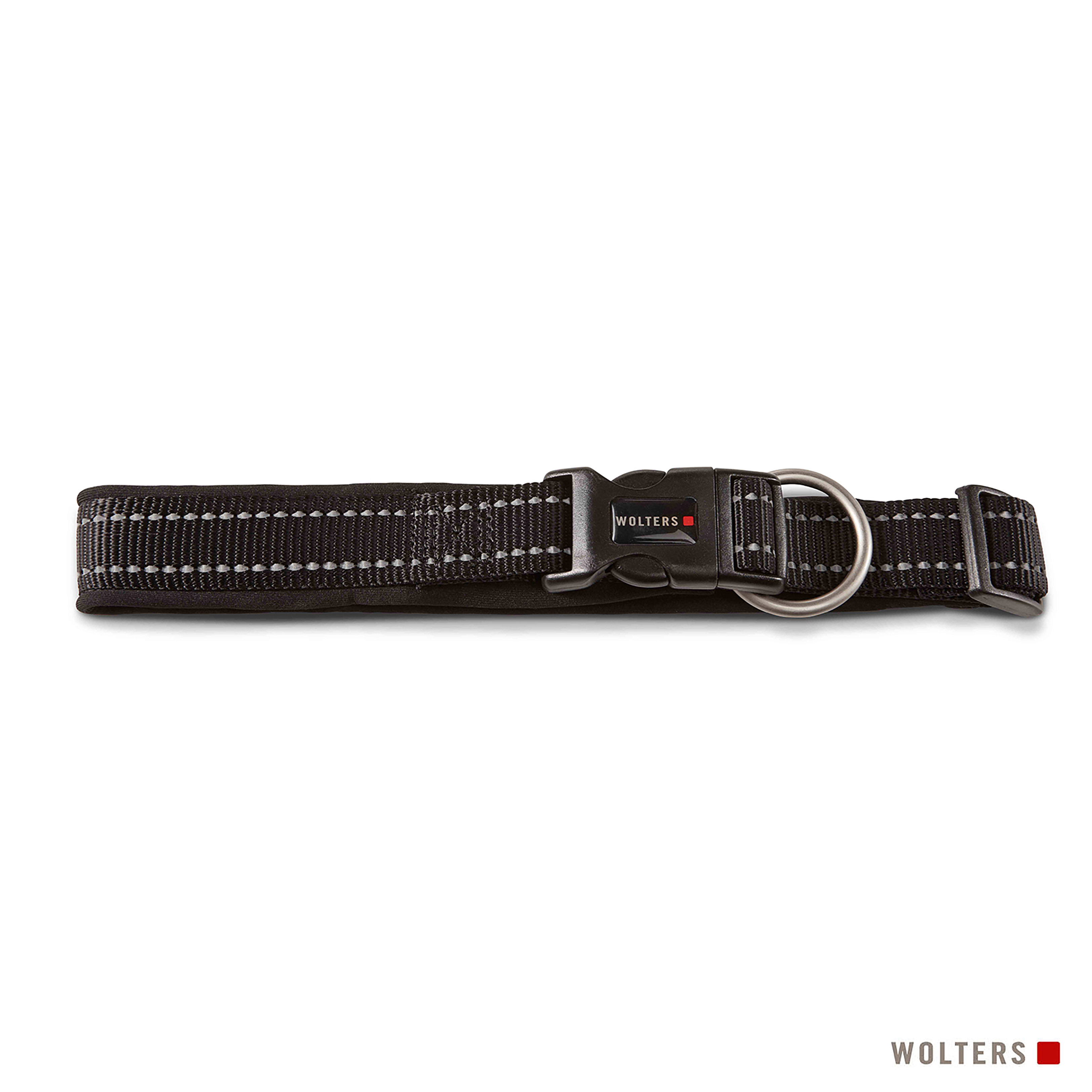 Schwarzes Hundehalsband mit reflektierenden Nähten, Metallring und Kunststoffschnalle. Der Markenname 'WOLTERS' ist sichtbar.