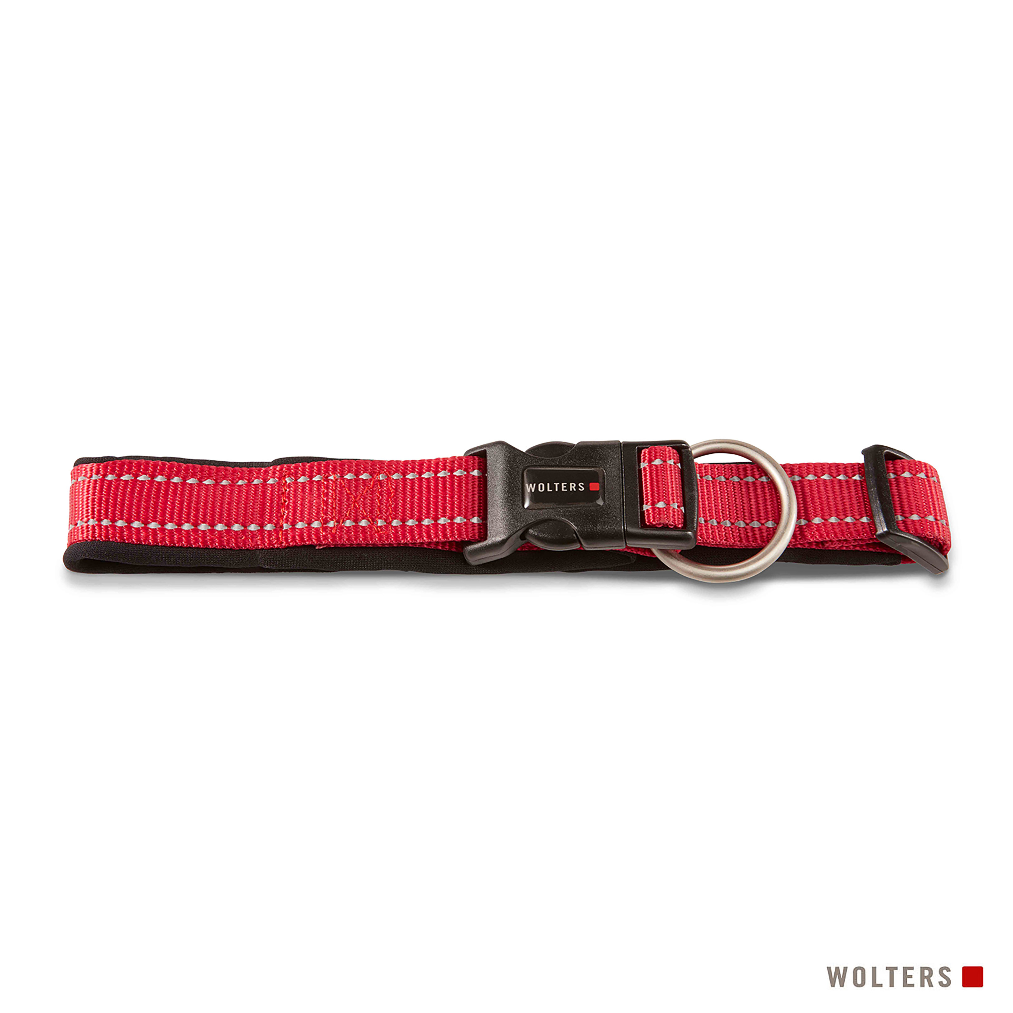 Ein rotes Hundehalsband mit schwarzer Schnalle und silbernem Ring. Der Markenname 'Wolters' ist sichtbar.
