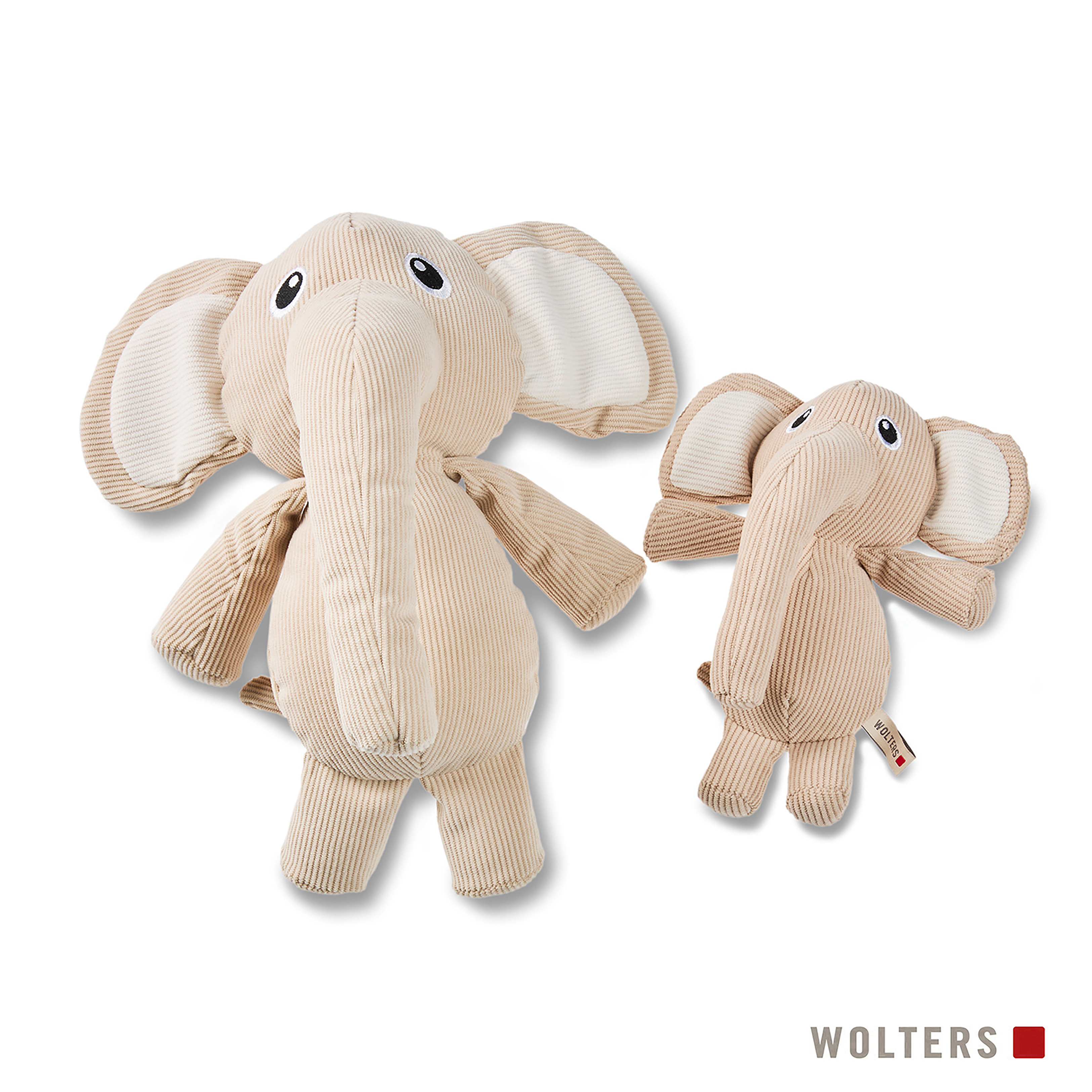 Zwei beige Cord-Elefanten-Spielzeuge auf weißem Hintergrund. Einer groß, einer klein, beide mit schwarzen Augen und weißen Ohren.